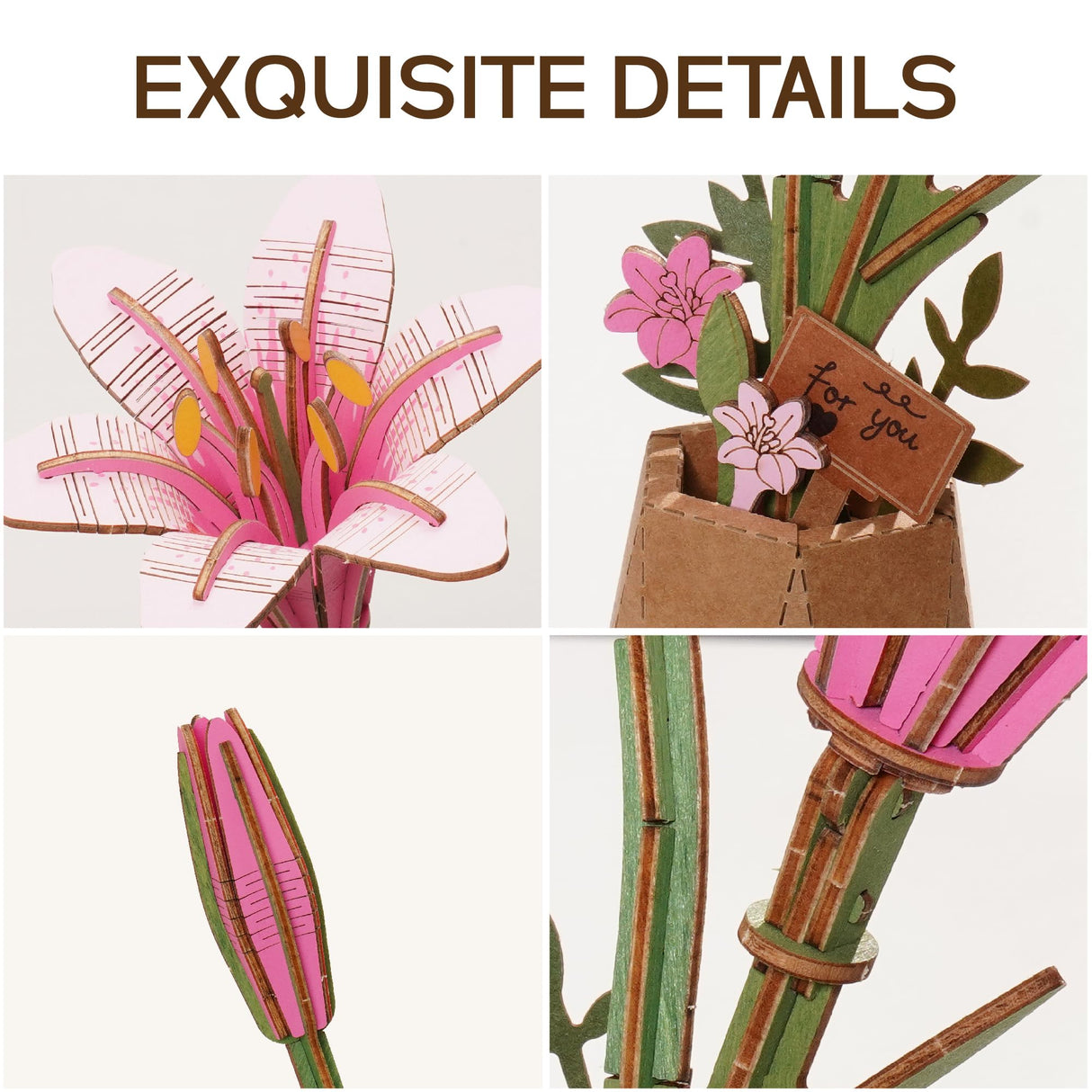 ROBOTIME 3D Puzzle Wooden Flower Pink Lily DIY Model Kit to Build for Adults Artifical Bouquet Collection Craft Brain Teaser Puzzle Creative Gift Home Decor ROBOTIME