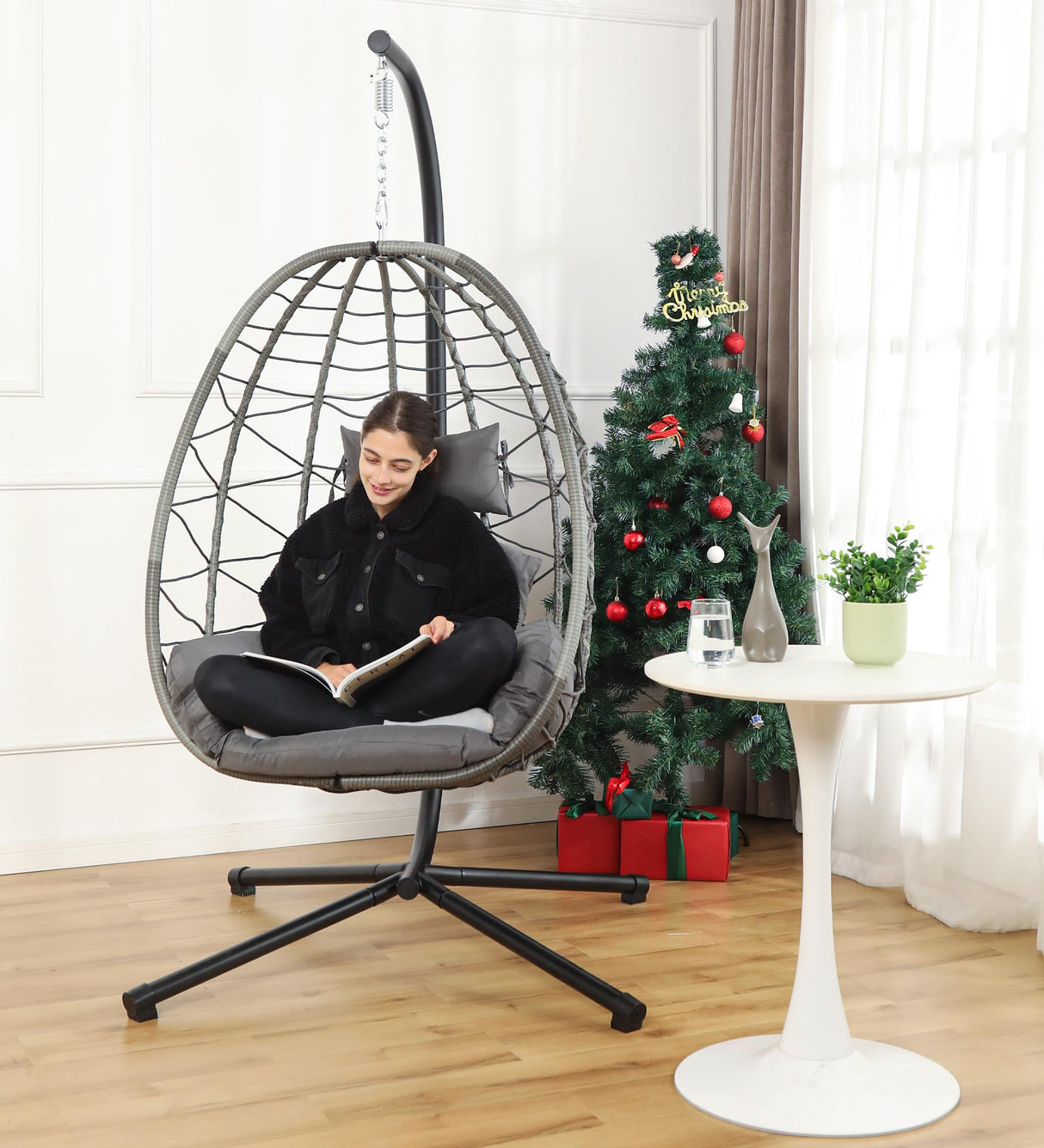 DoubleTT Egg Chair with Stand, Swing Chair Hanging Chair Nest Basket, UV Resistant Removable & Washable Cushions,350LBS Capacity for Bedroom, Balcony, Garden DoubleTT