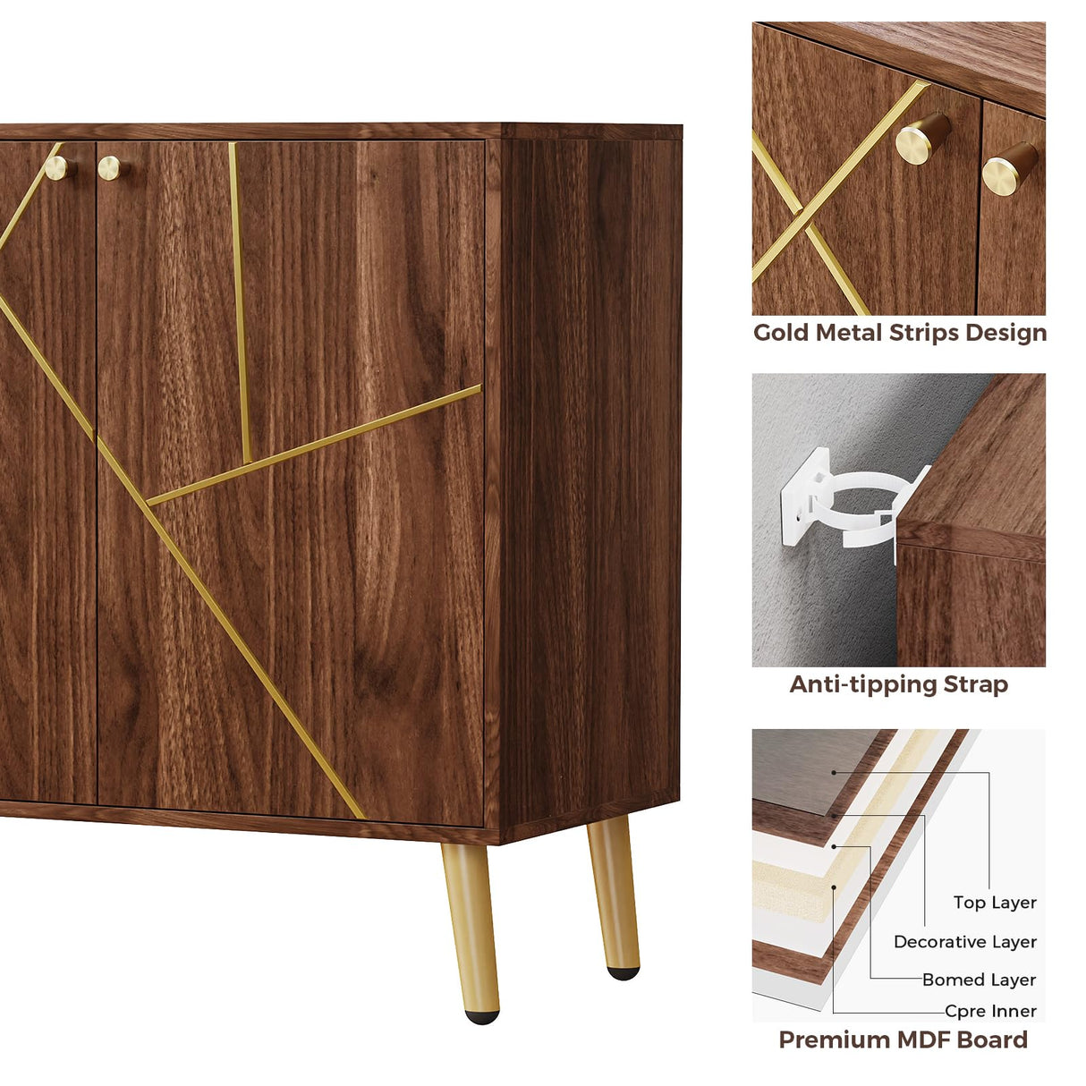 Vrullu Storage Cabinet, Free Standing Buffet Cabinet, Morden Sideboard and Buffet Storage, Wood Accent Cabinet for Living Room, Hallway, Entryway (1, Brown) Vrullu