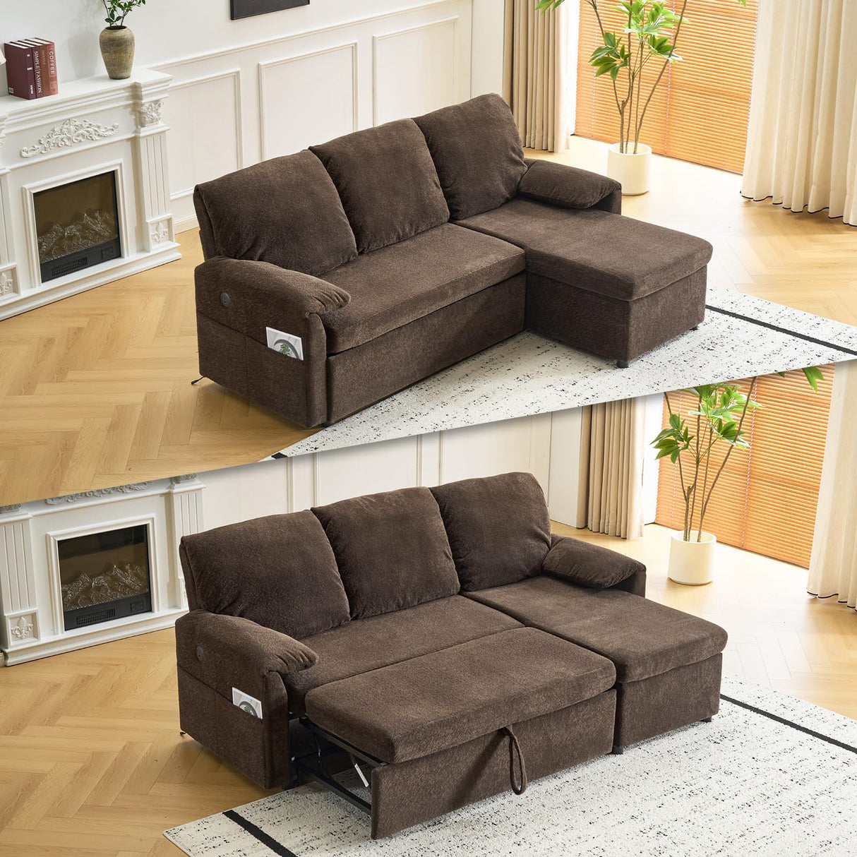 VINGLI Convertible Sofa Bed Couches for Living Room, Sleeper Sofa with Pull Out Couch Bed, Cloud-Like Plush Fleece L-Shape Sectional Couch with Storage Chaise, USB Charging, Side Pockets (Dark Brown) VINGLI