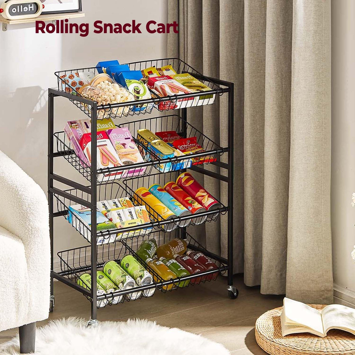 Evermagin Kitchen Storage Cart, Rolling Snack Cart, 25.2''W 4 Tier Fruit Basket Stand, Metal Pantry Storage with Stackable Wire Basket, Black Evermagin