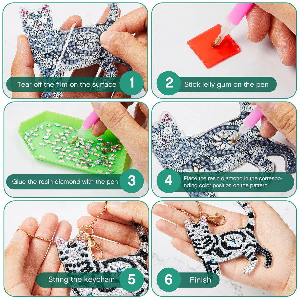 Henoyso 24 Pcs Cat Diamond Painting Keychains Diamond Art Key Chains DIY 5d Double Sided Drill Kit Painting Ornaments Set for Adult Art Craft Supplies Gift Accessories Henoyso