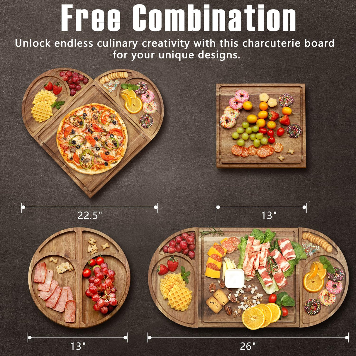 Extra Large Magnetic Charcuterie Board Cheese Board Gift Set 3 Part Square & Round & Heart Shaped Acacia Wood Charcuterie Cheese Boards Wooden Tray Serving Board Platter for Valentine XILAZAB