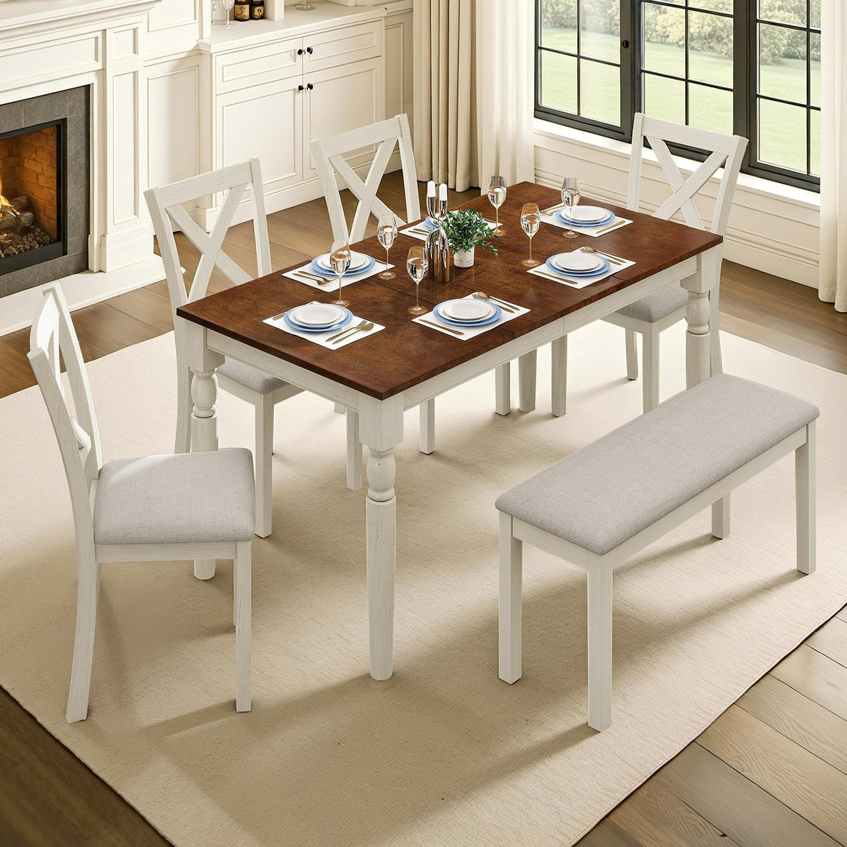 LUXOAK 6-Piece Solid Wood Dining Table Set, Upholstered Chair w/Bench Seat, Seating for 6,60'' Farmhouse Wood Kitchen Chairs Set for Living Room, Dining Room, Kitchen, Cream White LUXOAK