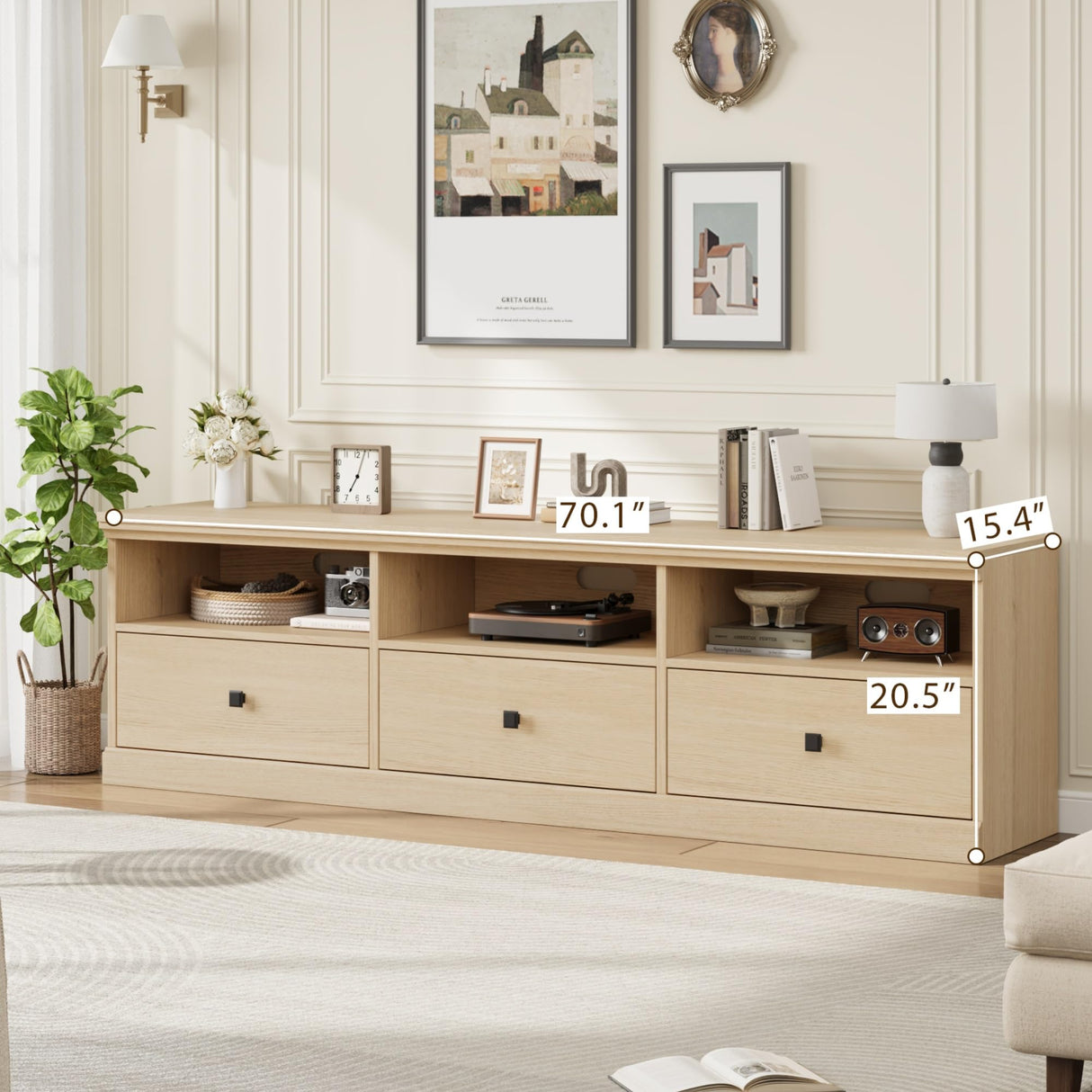 IDEALHOUSE 70in TV Stand for TVs up to 80", Mid Century Modern Entertainment Center with Storage Drawer and Open Shelves, TV Console Media Cabinet for Living Room, Bedroom (Light Oak) IDEALHOUSE