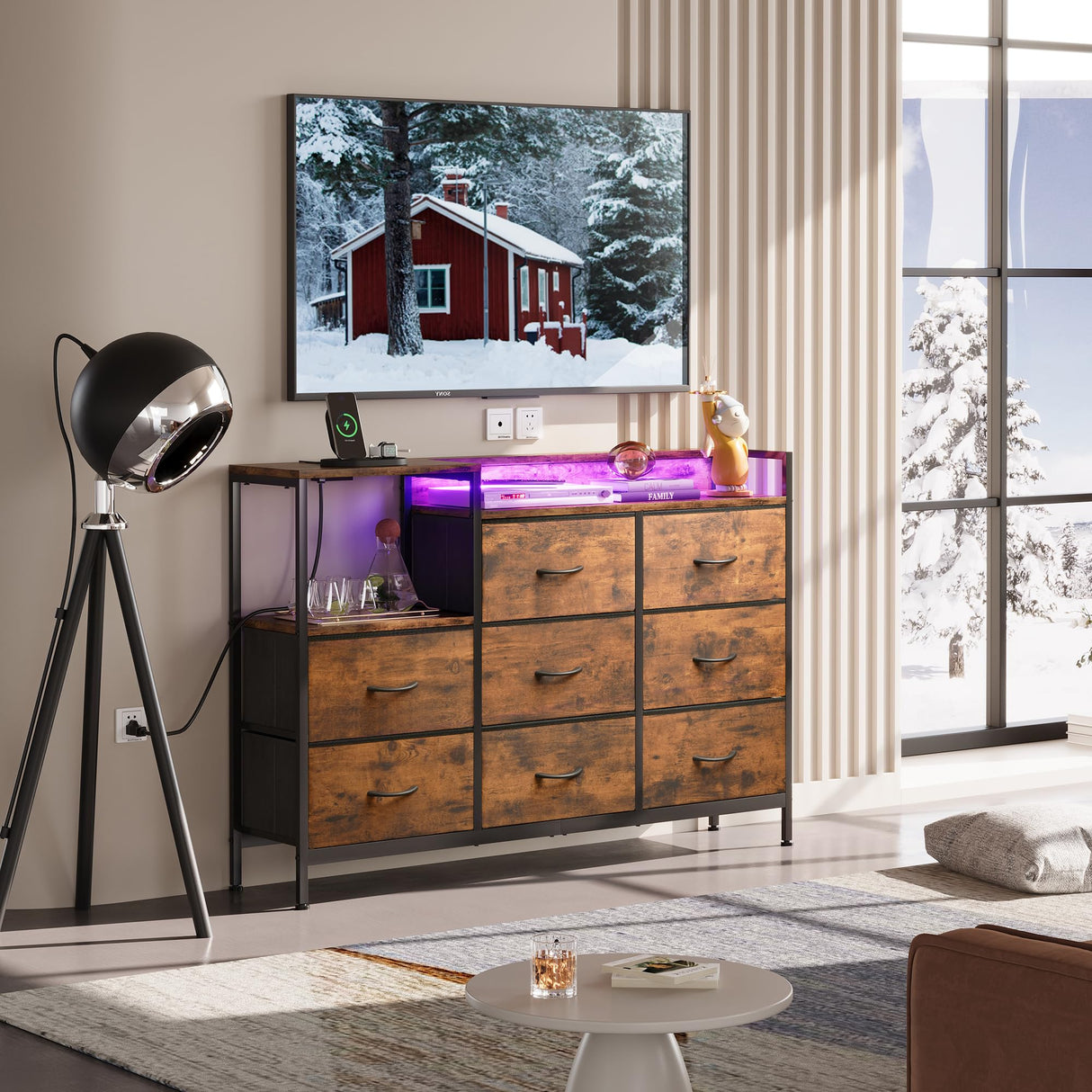 EKNKOZY Dresser with 8 Drawers, Chest of Drawers with LED Lights & Power Outlets, TV Stand Dresser for Bedroom, Wide Fabric Dresser with Shelf for Storage and Organization (Rustic Brown) EKNKOZY