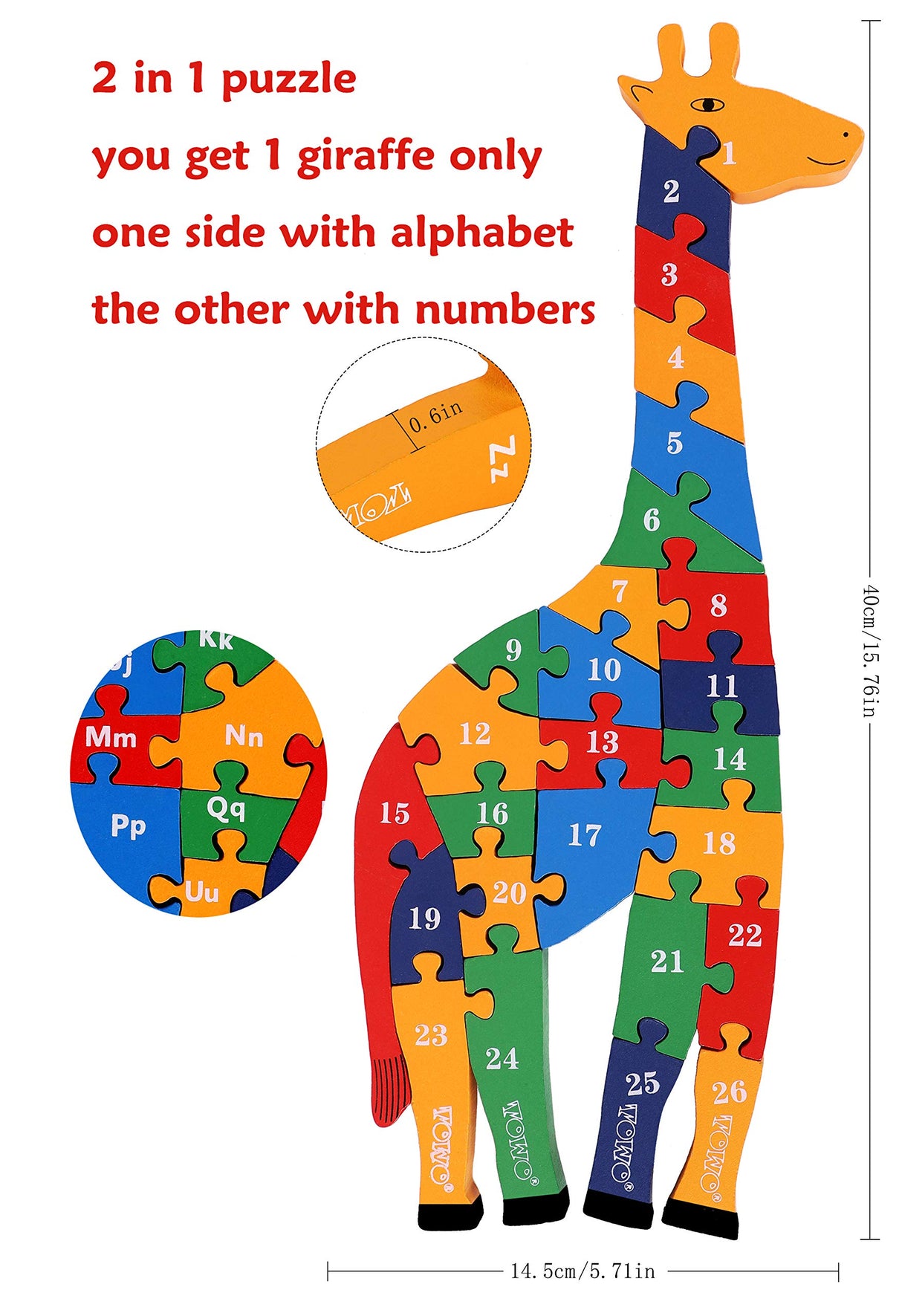 TOWO Wooden Giraffe Alphabet Blocks and Number Blocks Jigsaw Puzzle 41 cm Large Size 2 in 1 ABC Number Puzzle - Wooden Letter Blocks Puzzle Number Puzzles Educational Toys for 3 Year olds Toys of Wood Oxford