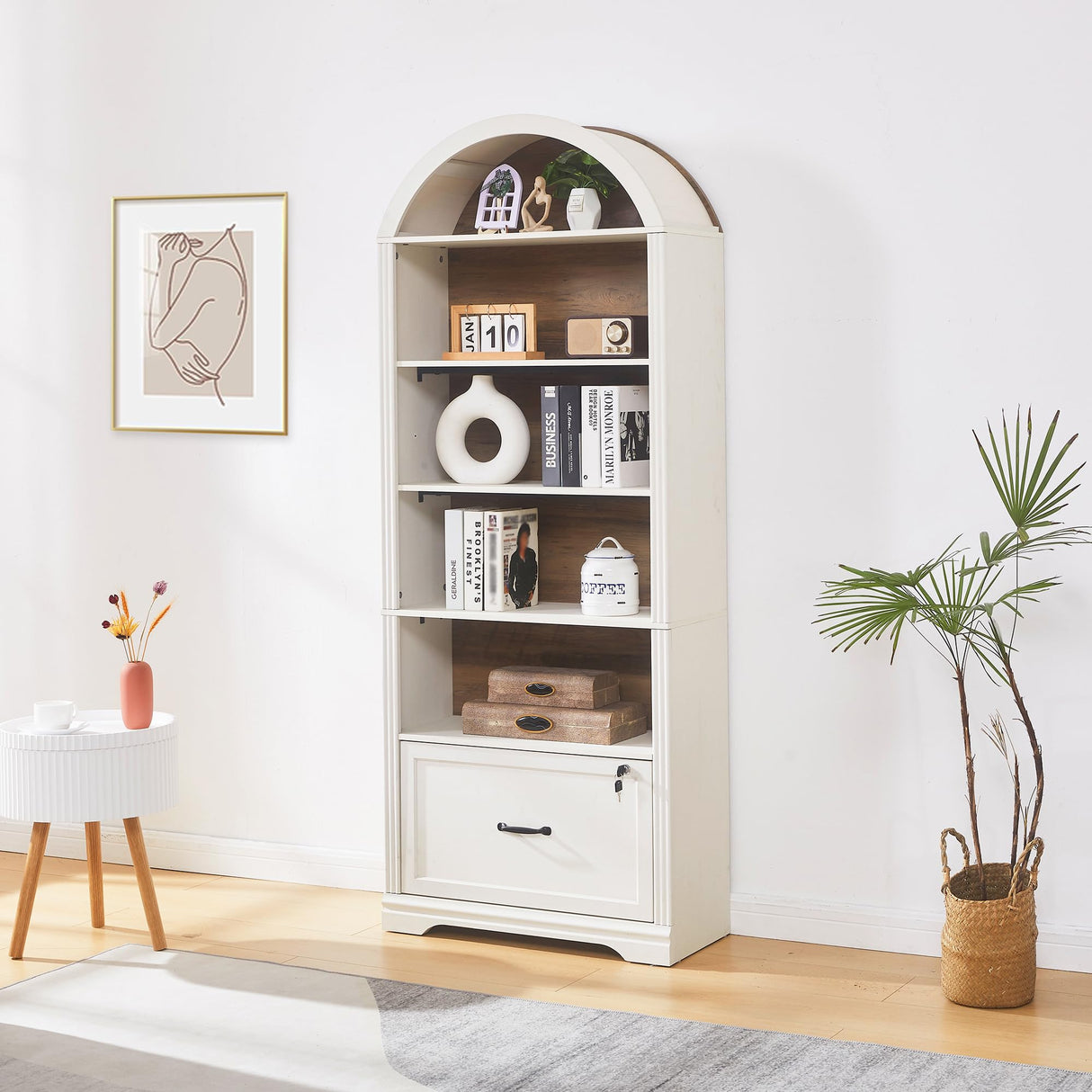 5 Tiers Farmhouse Arch Bookshelf with Lockable Drawers,70”Tall Bookshelf with Adjustable File Cabinet,Vintage Arch Bookcase for Home Office (White) LayBurst