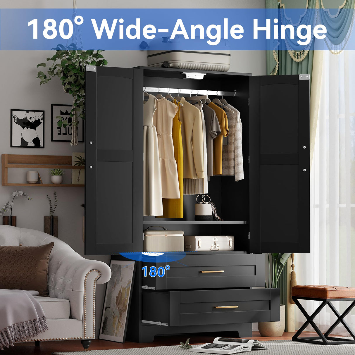 Wooden Armoire Wardrobe Closet with 2 Drawers, Bedroom Armoires with Door and Shelves, Freestanding Wardrobe Clothing Storage Cabinet with Hanging Rod for Bedroom, Laundry Room, Cloak Room(Black) Honsiva