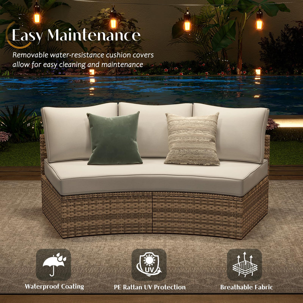 PaPaJet Patio Conversation Set, 3 Piece Half-Moon Sectional Round Patio Furniture Set, Wicker Sofa Set, for Backyard Patio Garden, Beige PaPaJet