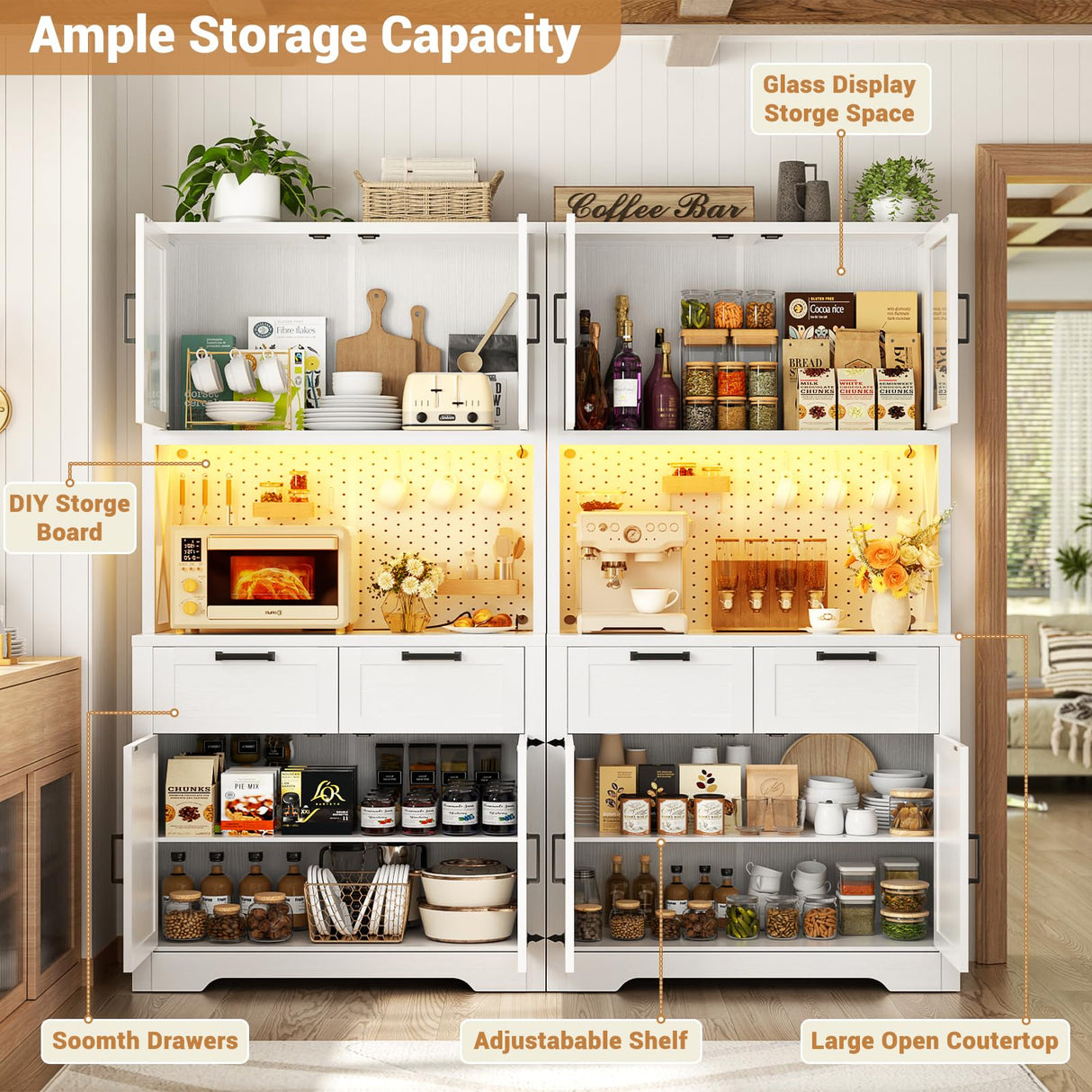 Unikito 71" Tall Kitchen Pantry Storage Cabinet with LED Light & Outlet, 63" Wide Kitchen Hutch Cabinet with Large Countertop, DIY Pegboard and Drawers, Farmhouse Food Pantry for Living Room, White Unikito