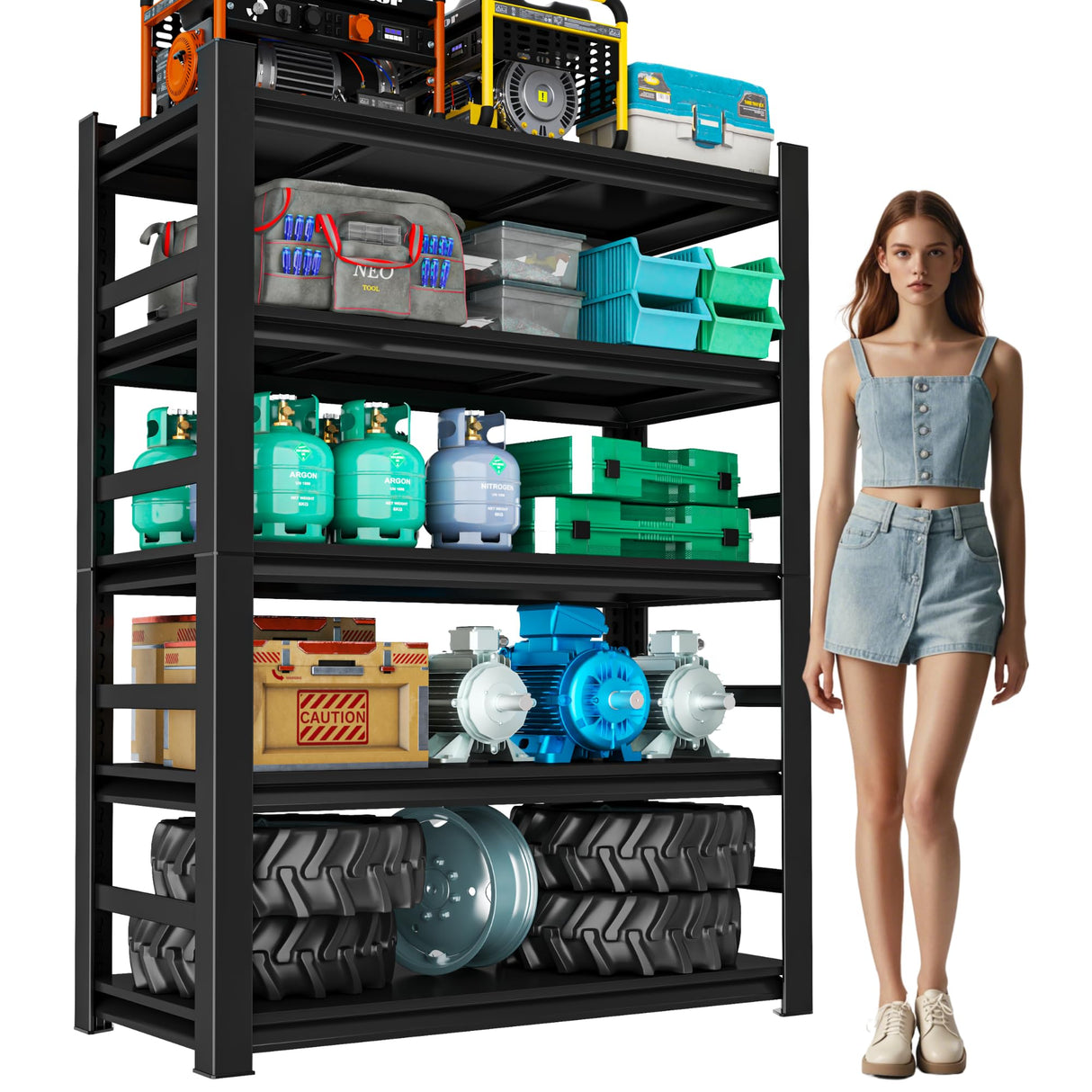 Notmise Garage Shelving Unit, Heavy Duty Metal Shelves, 5-Tier Adjustable Storage Shelf, Industrial Shelving Unit, 3000Lbs, for Warehouse, Basement, and Garage, with Fence 72" H x 15.7" D x 35.4" W Notmise