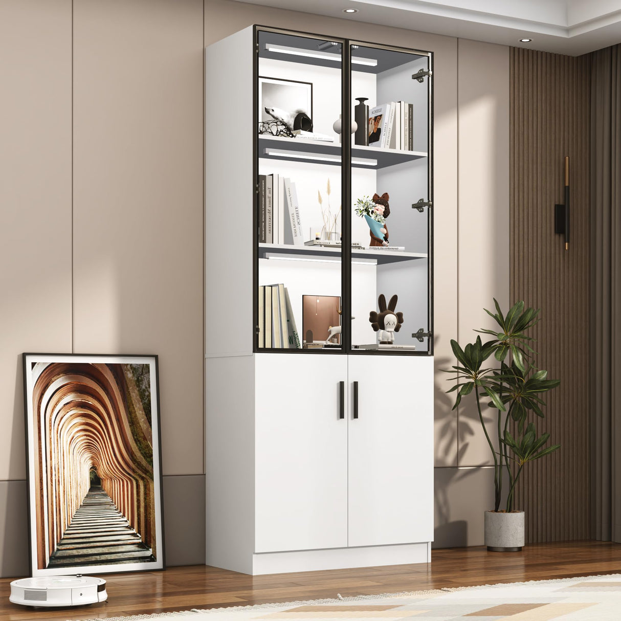 chartustriable 79" Tall Display Cabinet with LED Sensor Light & Pop-up Glass Doors, Modern Bookcase Curio Storage Cabinet for Bedroom, Living Room, Office, White chartustriable
