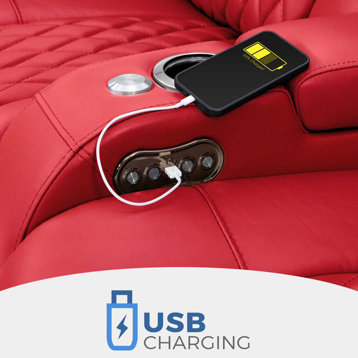 Seatcraft Diamante - Home Theater Seating - Living Room - Power Recline - Italian Leather - Powered Headrests - Cupholders - USB Charging - Ambient Lighting - Arm Storage, Red, Row of 2 Seatcraft