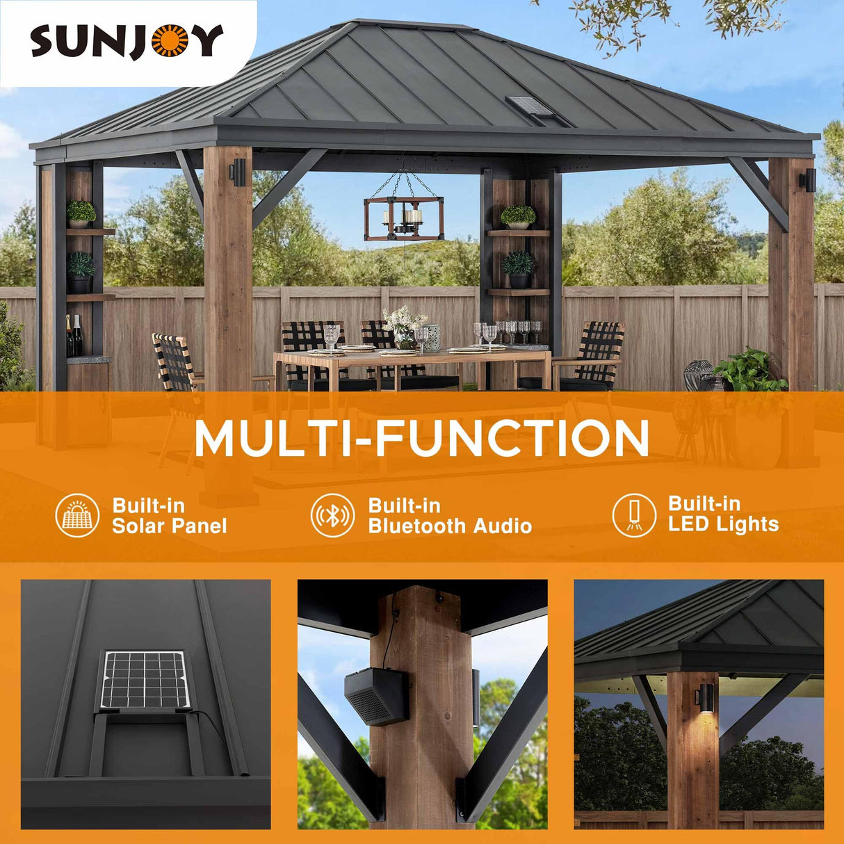 Sunjoy 12 x 14 ft. Hardtop Gazebo with Solar Powered, Cedar Wood Framed Steel Hardtop Gazebo with LED Lighting, Bluetooth Sound and Storage Racks by SummerCove SummerCove