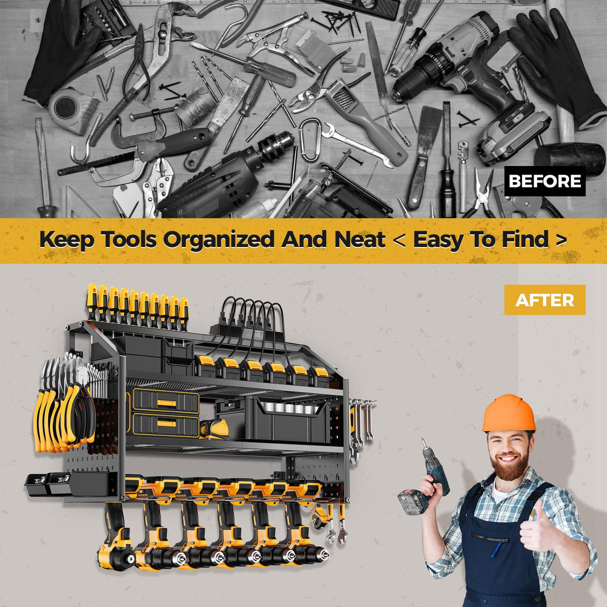 LBT 4 Layer Power Tool Organizer Wall Mount With Charging Station, Patented, 6 Outlet Power Strip, 6 Drill Holder, Heavy Duty Metal Garage Tool Storage Rack, Gifts For Men Fathers Day LBT