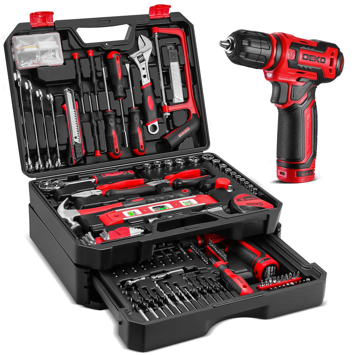 Drill Tool Set:Tool Kit with 12V Power Cordless Drill Hand Repair Tools Box with Drill, Home Tool Kits for Men & Women, Hand Drill Set Perfect for Homeowner, Diyer, Handyman - Red DEKOPRO