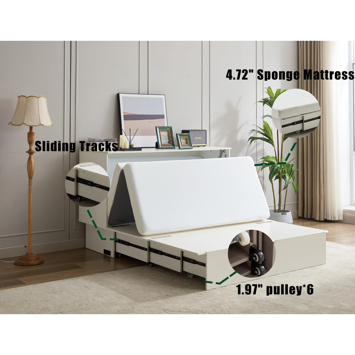 KEIKI Queen Murphy Bed with Storage, Folding Foam Mattress, Oversized Drawers, USB Ports & AC Outlets, Space-Saving Cabinet Bed, White KEIKI