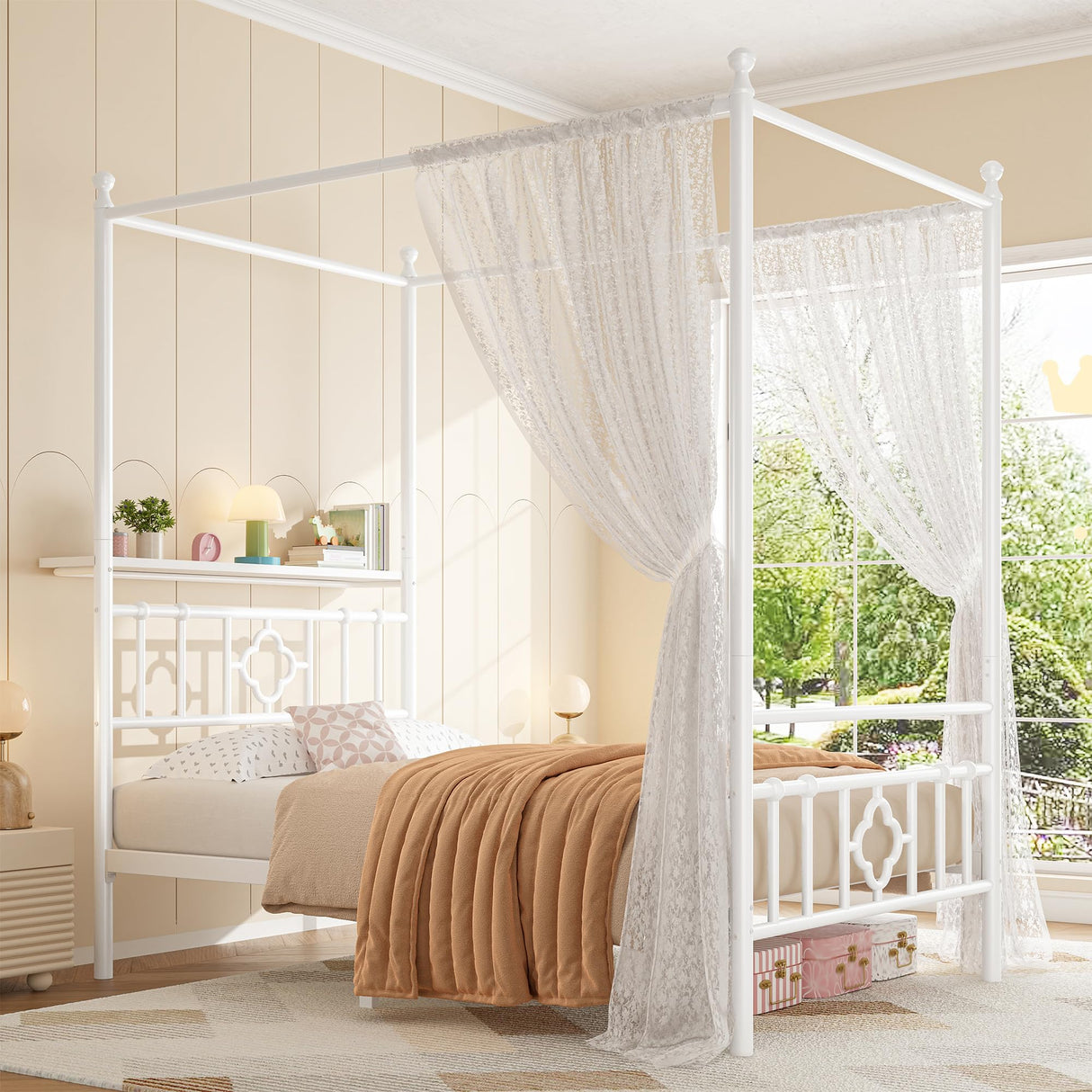 Homkdom Canopy Bed Frame with Storage Headboard, Twin Size Bed Frame with 4 Removable Posts, Sturdy Metal Platform with Under-Bed Storage, Dual Purpose Bed Frame, No Box Spring Needed, White Homkdom