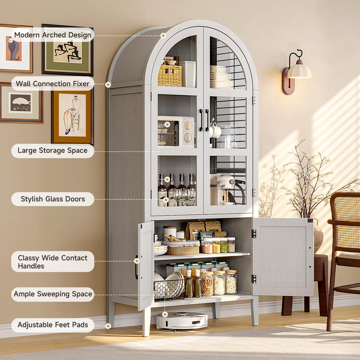 ONBRILL 71" Tall Arched Cabinet, 5-Tier Arched Kitchen Pantry with Glass Doors & Shelves, Modern Display Arch Cabinet with Adjustable Feet, Wooden Pantry for Living Room, Dining Room, Off White ONBRILL