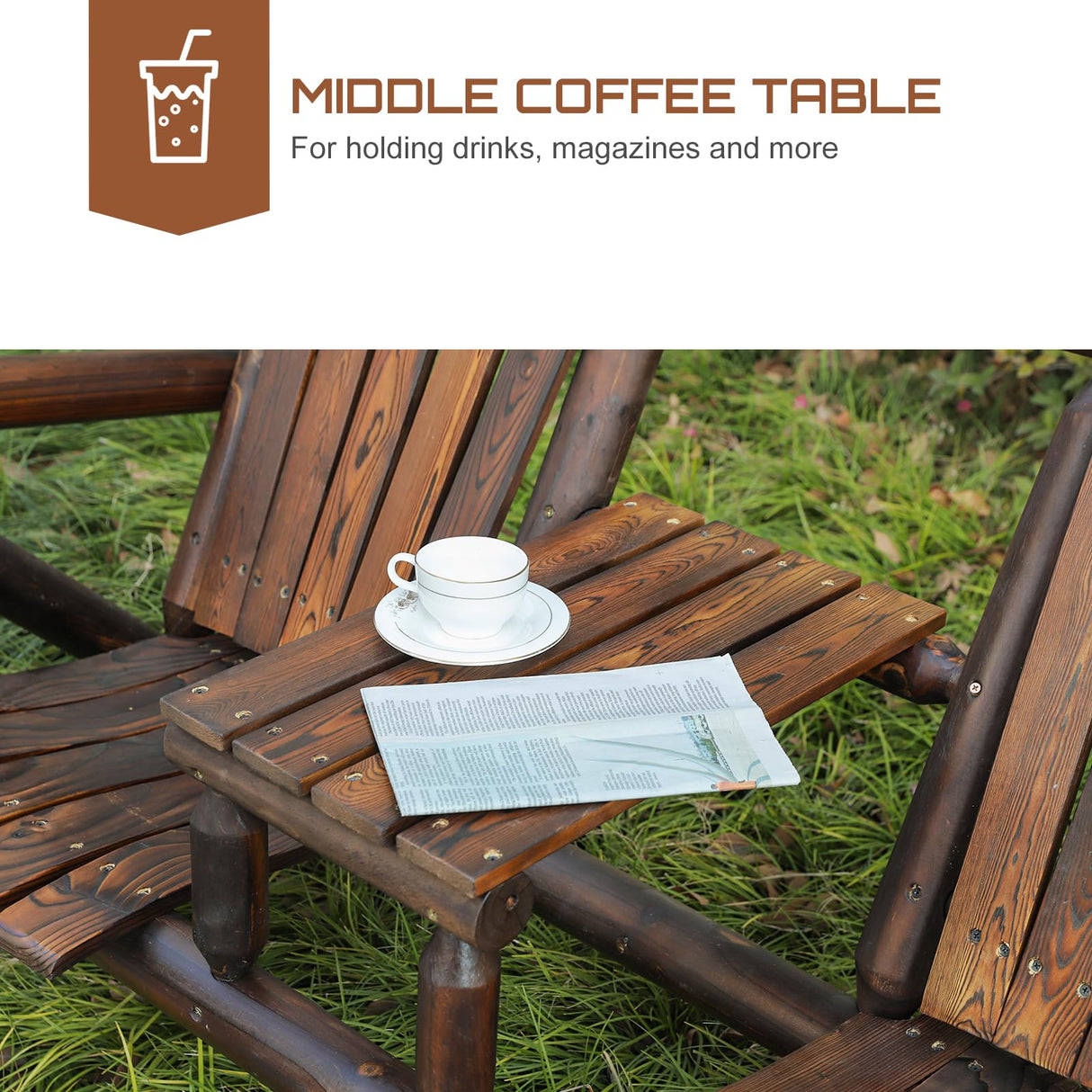 HOMEDIARY 2-Seat Wooden Adirondack Chair, Outdoor Log Patio Loveseat with Built-in Table, Patio Bench Fire Pit Chair Porch Furniture Conversation Set for Deck Lawn Pool Backyard, Carbonized HOMEDIARY