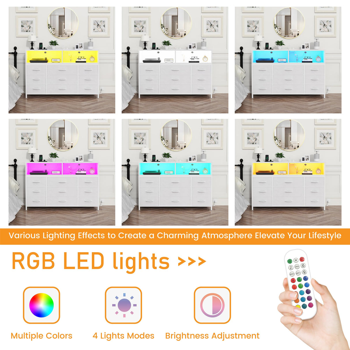 eiskah White Dresser for Bedroom, 9 Drawers Led Dresser TV Stand with Power Outlets and LED Lights, Long Fabric Dressers Wide Chest of Drawers with Large Organizer for Living Room, Entryway, Hallway eiskah