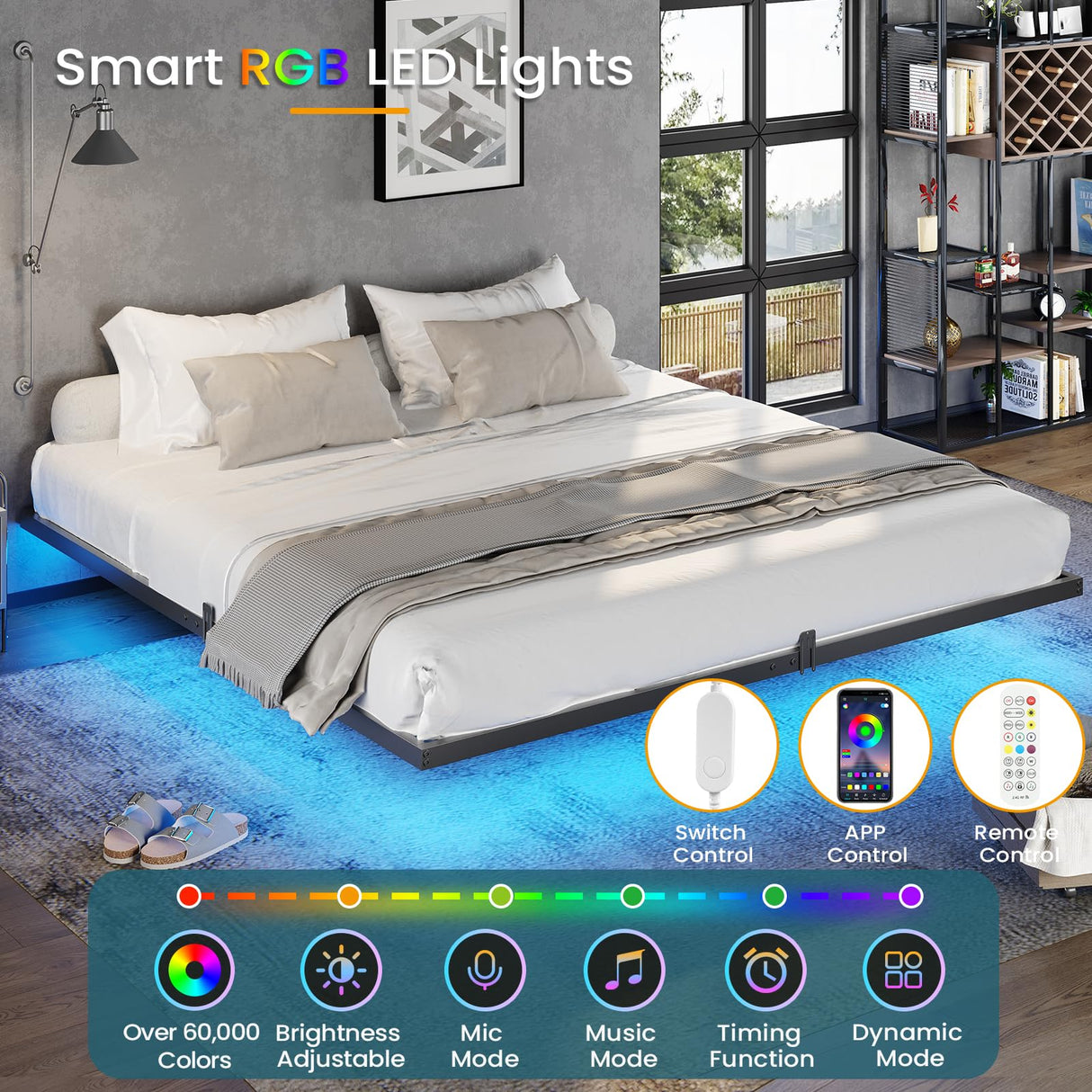 DICTAC King Size Floating Bed Frame with LED Lights and Heavy Duty Steel Support, Black DICTAC