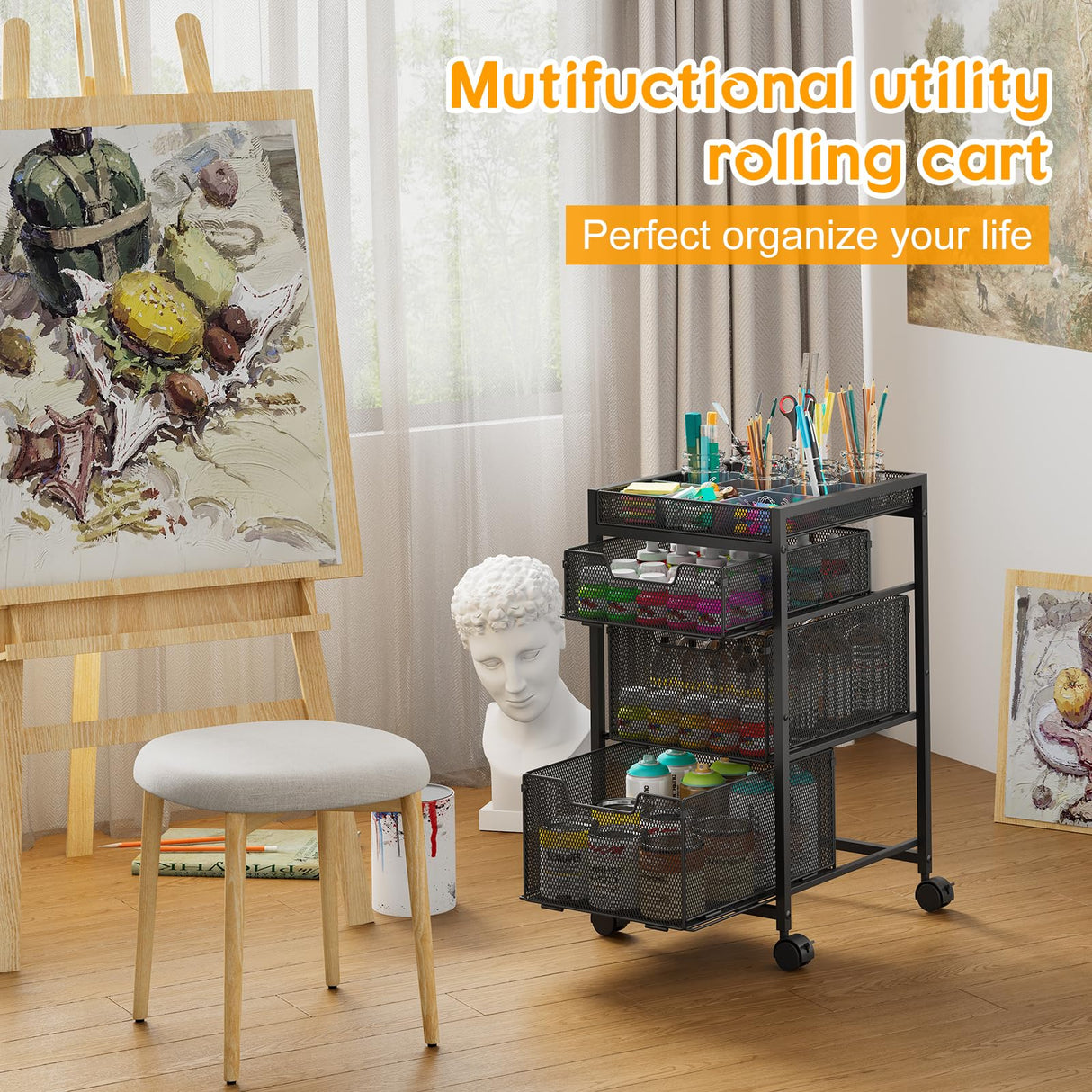 Rolling Utility Cart with 3 Drawers, Craft Organizer and Storage with DIY Divider, Lockable Wheels, Multi-Functional Storage for Art Supplies, Store for Brushes & Paints & Artifacts Small Parts Hayexiha