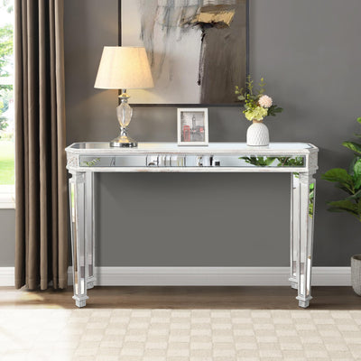 Mirrored Console Table, 48 inch Modern Mirror Sofa Table Vanity Desk with Vintage Carved Elements, Silver Mirrored Narrow Entryway Table Writing Desk for Hallway, Behind Couch, Living Room
