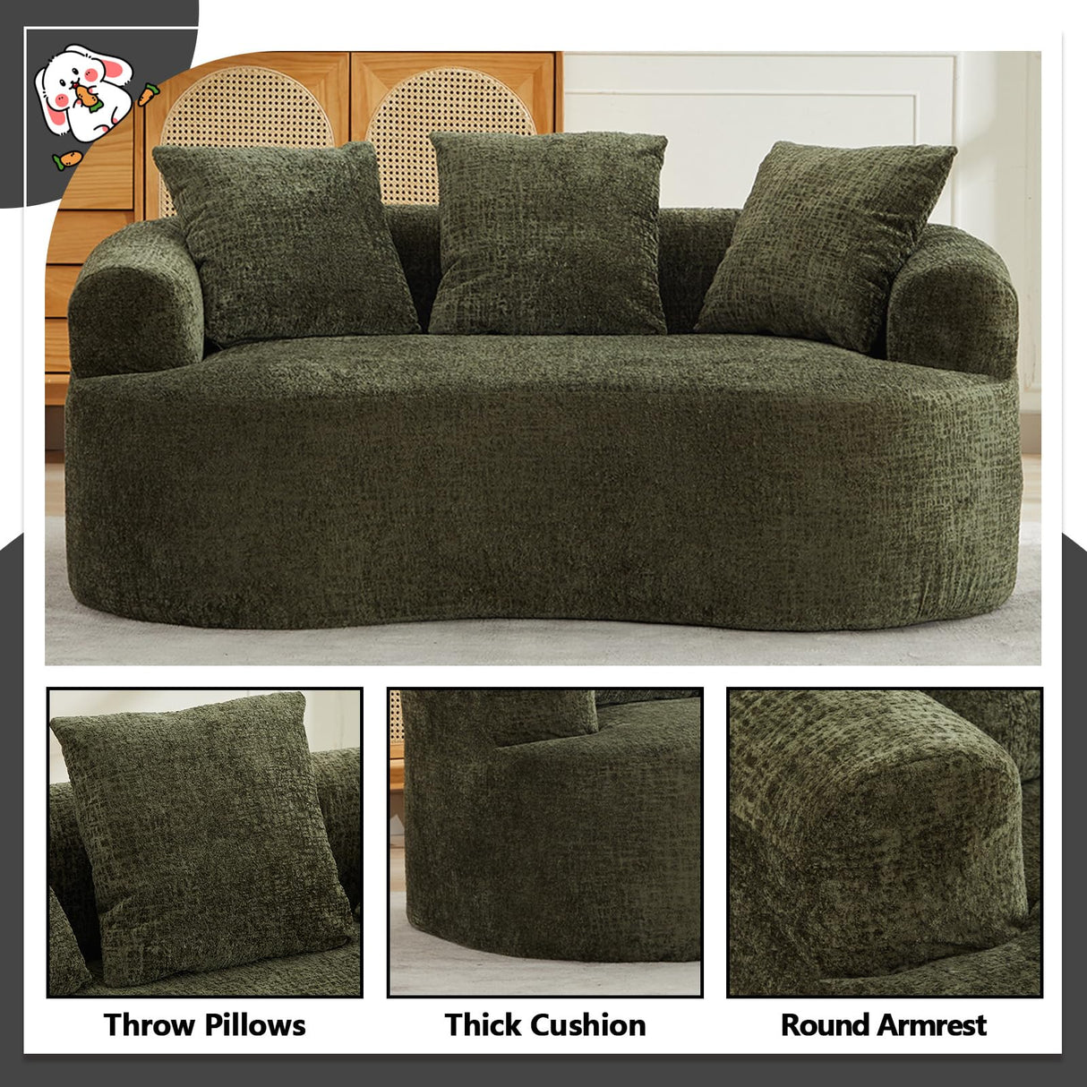 61" Curved Loveseat Sofa with 3 Pillows, Small Boneless Couch in a Box, Chenille Cloud Loveseat for Living Room Bedroom Small Space Apartment, Memory Foam, Modern, No Assembly (Green) Thctvous