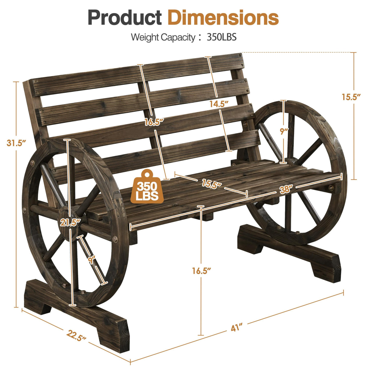 Yaheetech 41in Antique Chariot Wheel Outdoor Bench for 2 - Dark Brown Wooden Garden Furniture Yaheetech