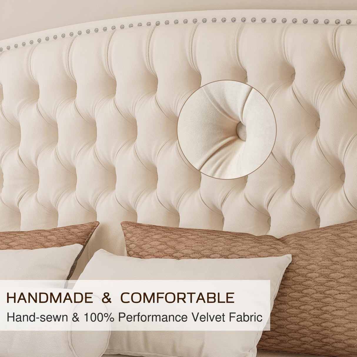 LUXOAK Queen Platform Bed Frame with Wingback Headboard, Velvet Upholstered Bed Frame with Handmade Button Tufted & Nailhead, Wooden Slats Support, Cream LUXOAK