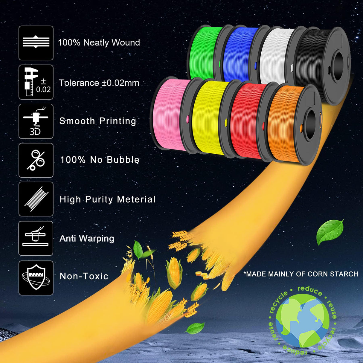 SUNLU High Speed PLA Filament Mini Pack, 30mm/s - 600mm/s Print Range, High Flow Speedy 3D Printer PLA Filament Bundle, 250g/Spool, Black+White+Green+Blue+Red+Orange+Yellow+Pink SUNLU