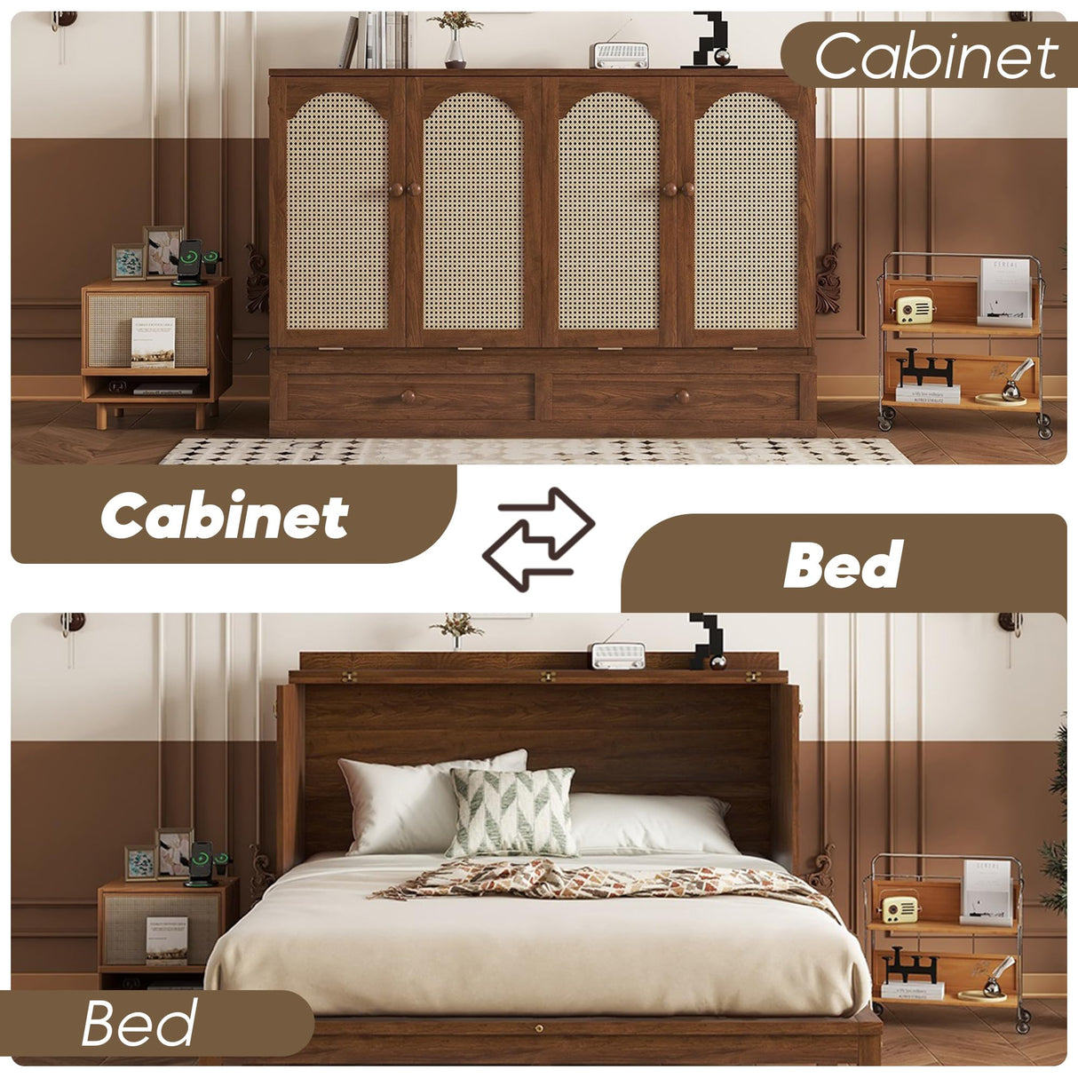 ZEIINPA Queen Murphy Bed Chest with Charging Station & Large Drawers, Wooden Cube Cabinet Bed with Foldable Bedframe for Apartment Living Room Bedroom(Mattress not Included) Walnut ZEIINPA