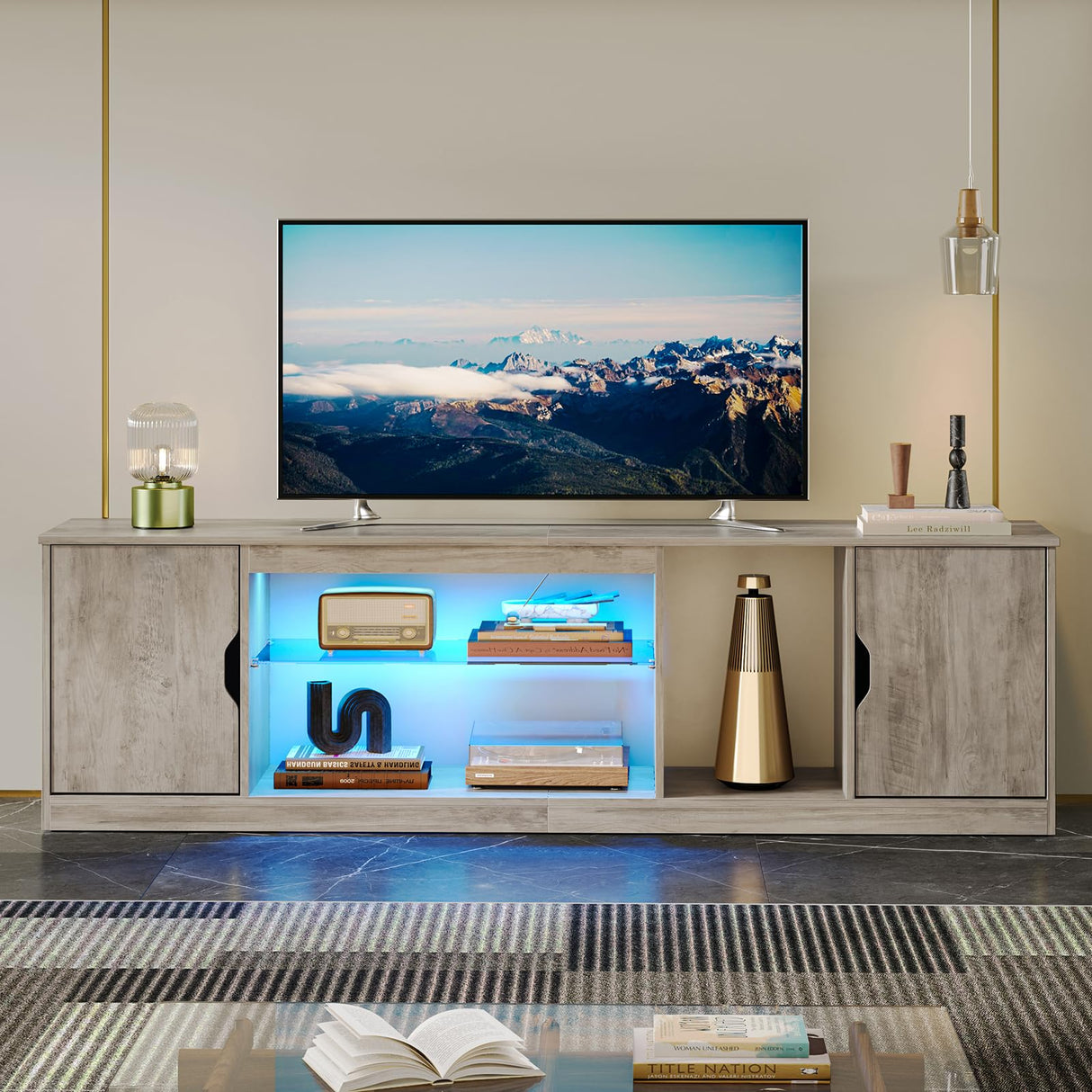 Bestier Led Entertainment Center for PS5, Gaming TV Stand with Cabinet for 60/65 Inch TV, Modern TV Console with Adjustable Glass Shelf for Living Room Easy Assembly (Washed Gray, 70 Inch) Bestier