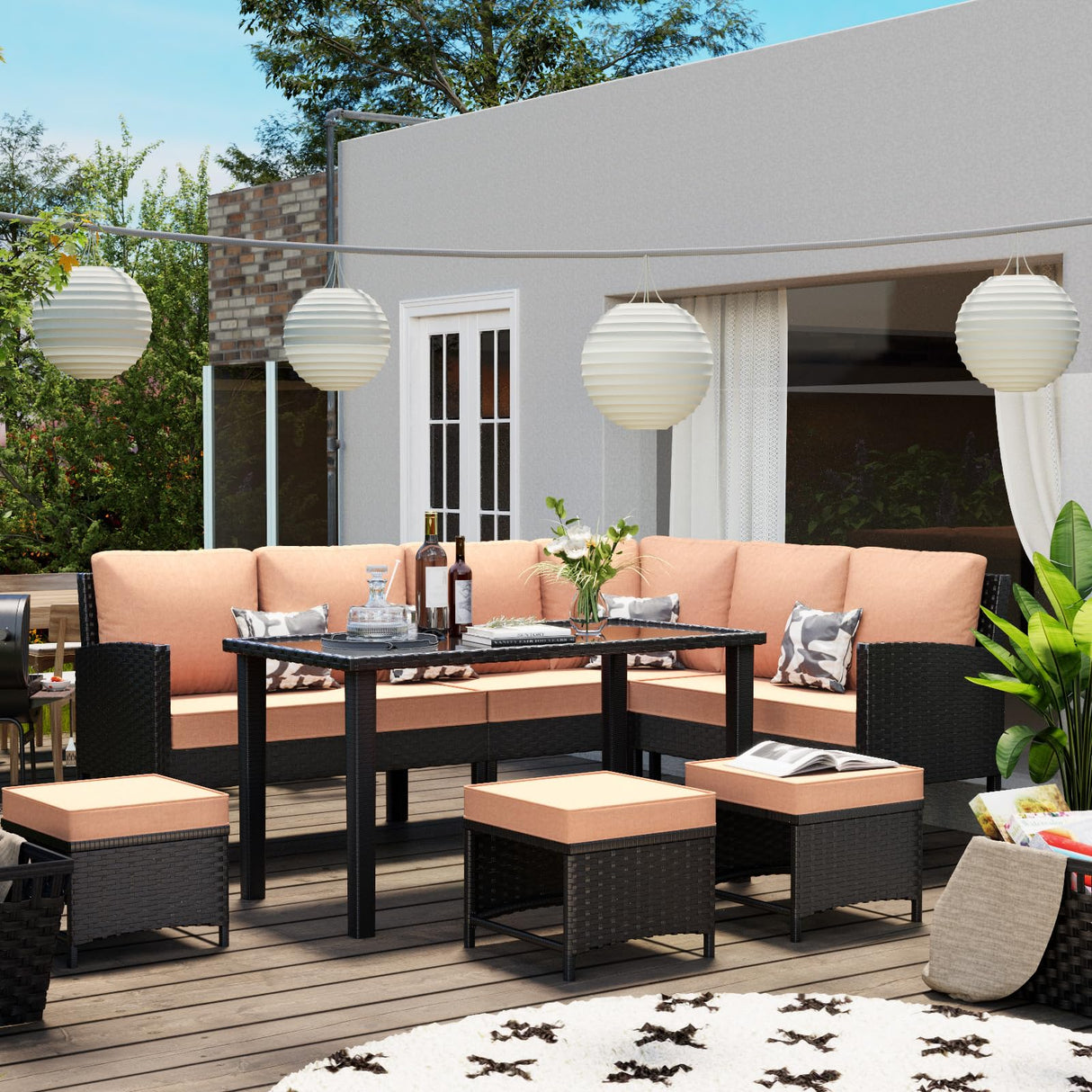 HLNPTN 7 Pieces Patio Conversation Set, Outdoor Furniture Sectional with Throw Pillows and Anti-Slip Cushions, PE Rattan Sofa Set with Dining Table & Ottomans, Khaki HLNPTN