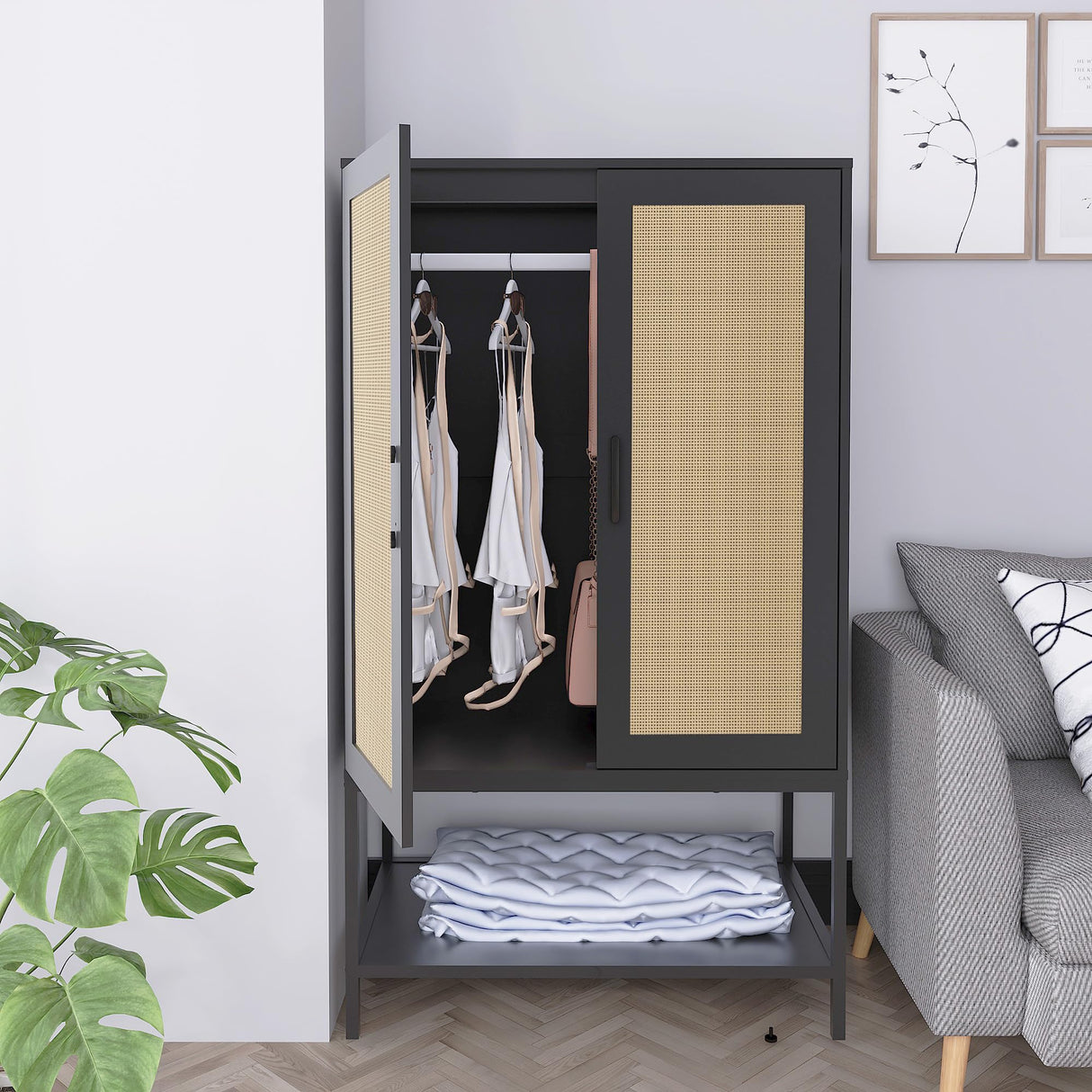 Gyger Wardrobe Closet with 2 Doors,Rattan Bedroom Armoires with Hanging Rod Freestanding Wooden Wardrobe Cabinet with Shelves,Black Gyger
