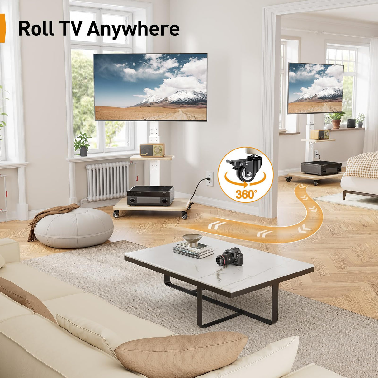 Perlegear Mobile TV Stand with Power Outlet, Tilt & Swivel Rolling TV Cart for 32-75 inches TVs up to 110 lbs, Height Adjustable Rolling TV Stand White with Wheels, Max VESA 600x400mm, PGTVMC17W Perlegear