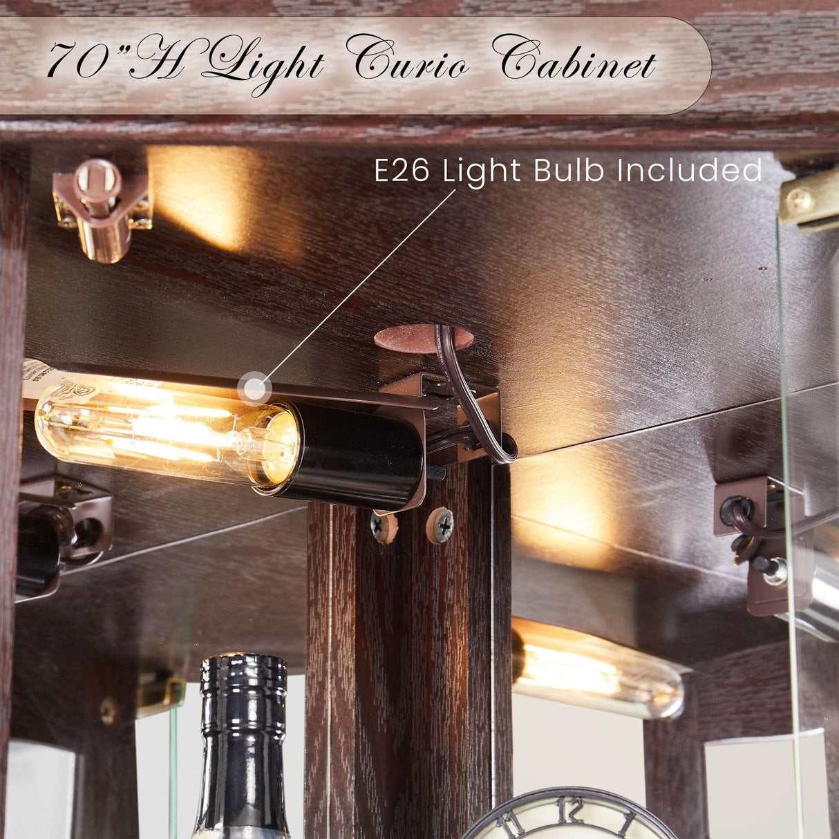 Eyisean 70" Lighted Glass Corner Curio Cabinet, Display Cabinet with Elegant Tempered Glass Door, China Cabinet with Light Bulb, Mirrored Back Panel, Rack for Living Room Storage(Dark Cherry) Eyisean