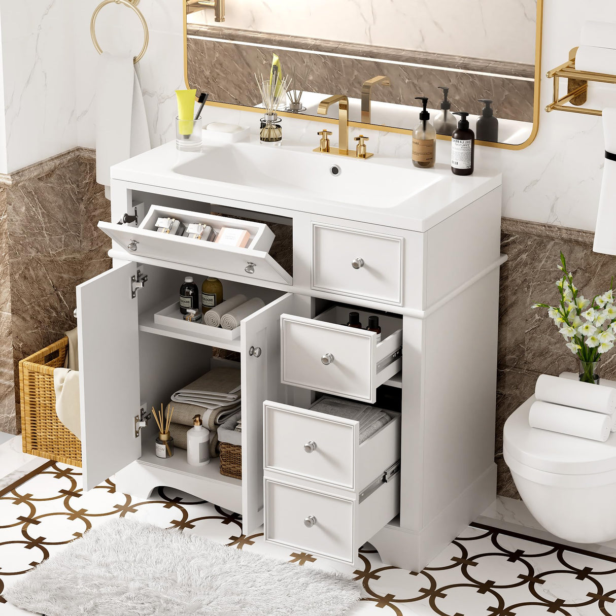 36 Inch Bathroom Vanity with Sink, Bathroom Vanities 36-Inch with Sink, Modern 36 Bathroom Sink Vanity with 2 Drawers, 1 Flip Drawer and Cabinet for Bathroom No Mirror (White) Mirightone