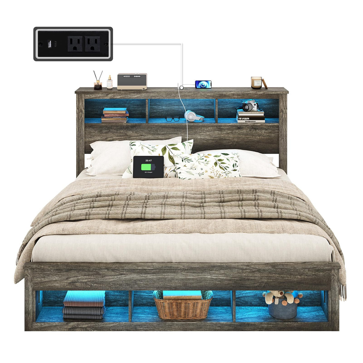 Albott Farmhouse King Size Bed Frame with Storage Bookcase Headboard and Footboard, Storage Wood Platform Bed Frame with Wood Slats Support, Noiseless LED Bed Frame, No Box Spring Needed, Gray Albott