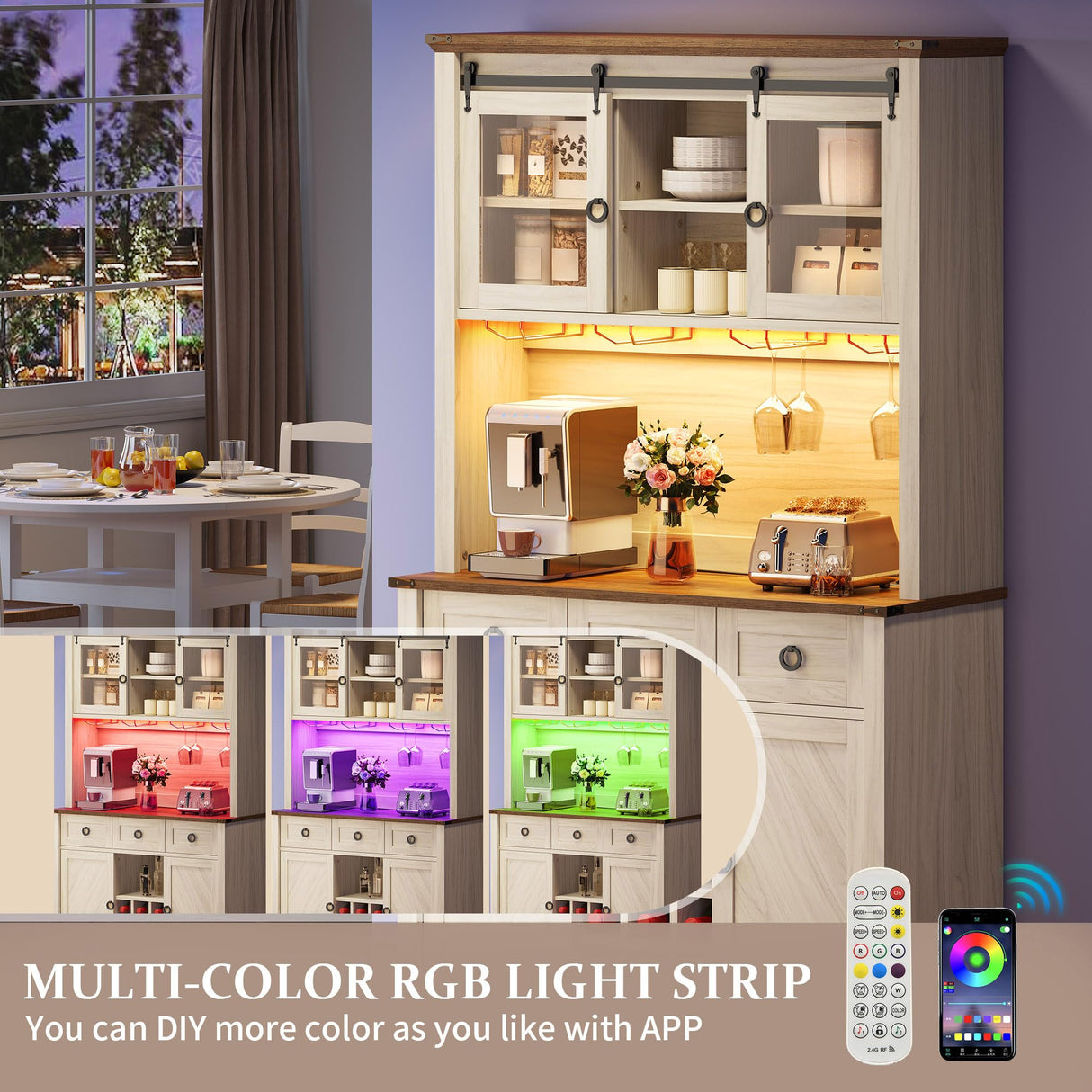 DWVO 72" Farmhouse Bar Cabinet with LED Lights & USB Charging, Wine Glass Holder & 9-Bottle Rack, Coffee Bar Sideboard with Sliding Doors, Off White+Walnut Grain DWVO