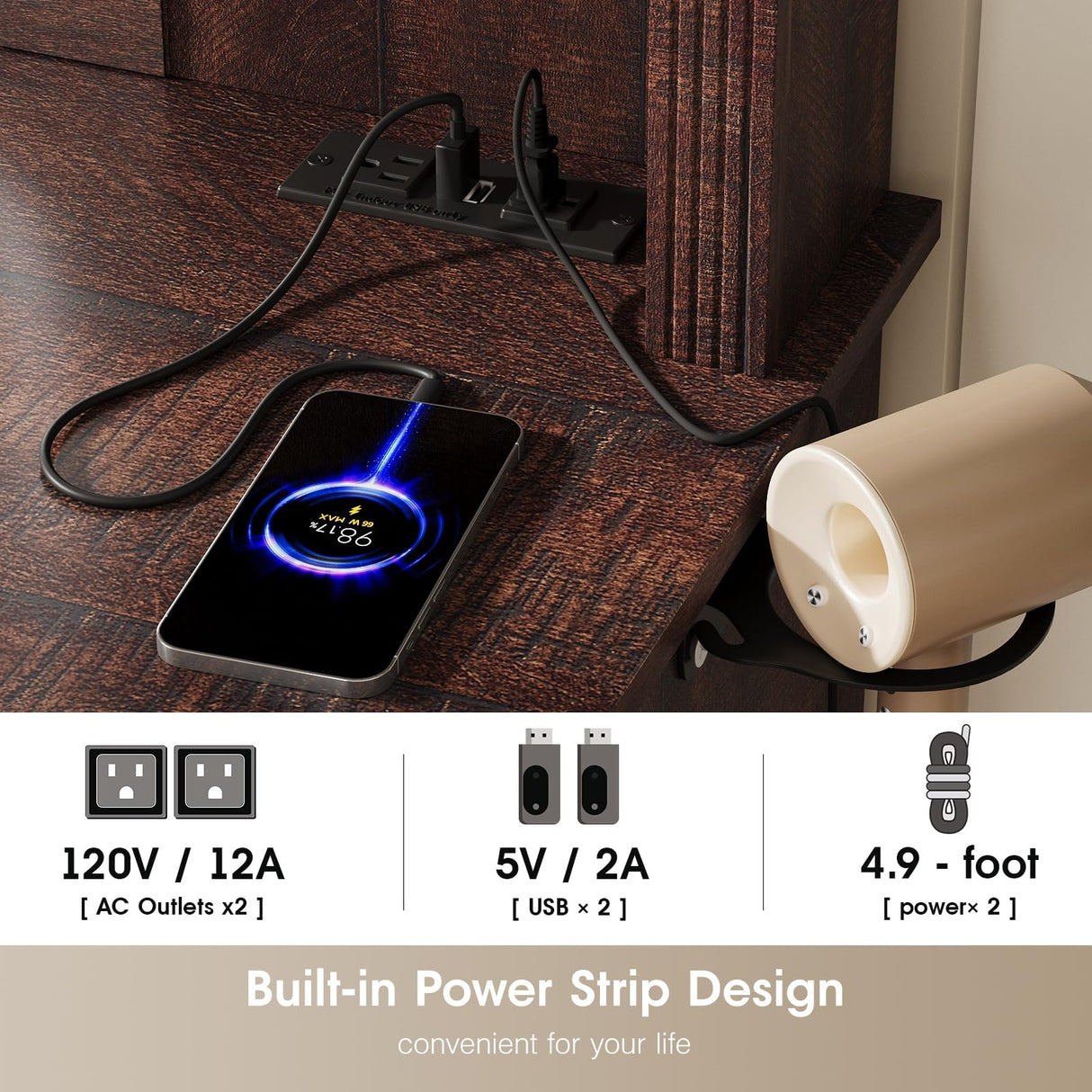 Maupvit Farmhouse Vanity Desk with Mirror and Lights, Makeup Vanity Table with Charging Station, 45" Bedroom Table with 4 Drawers and Cabinets, 3 Lighting Modes, Brown Maupvit