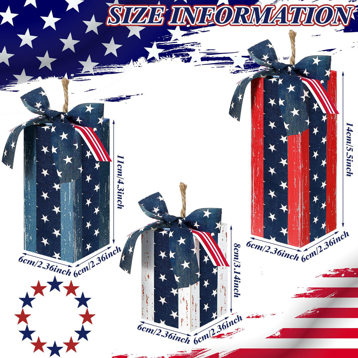 DoubleFill 3 Pcs 4th of July Decor Rustic Wood Presents Firework Patriotic Wooden Faux Blocks with Bowknot Independence Day Centerpiece for Table 4th of July Tiered Tray Decor Farmhouse Decorations DoubleFill