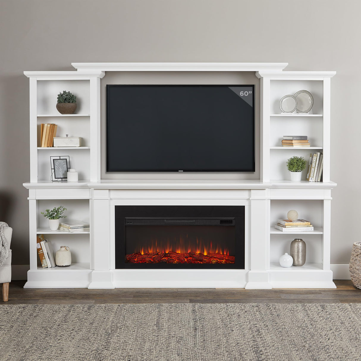 Real Flame Monte Vista 108" Landscape Electric Fireplace TV Stand for TVs up to 60 inches, Entertainment Center with Adjustable Shelves and Storage, TV Stand for Living Room and Bedroom, White Real Flame