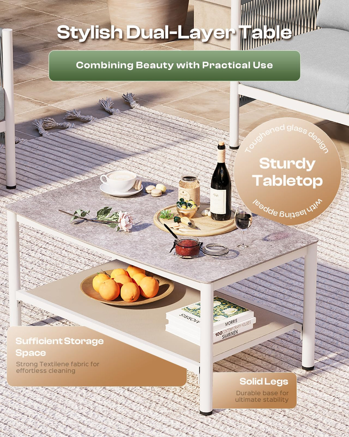 Oasbira Aluminum Outdoor Patio Furniture Set, HDPE Rope 4 Piece Modern Sectional Conversation Sets with Dual-Layer Coffee Table, All Weather Patio Couch Set with Thick Cushions, White Frame, White Oasbira