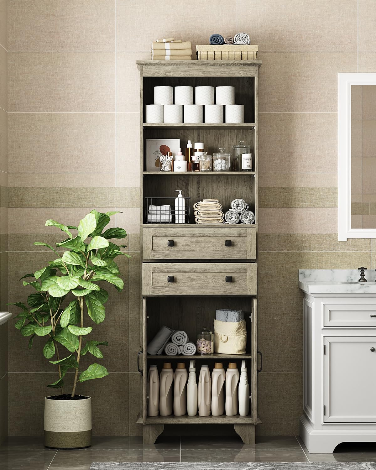 Seeday 72" Farmhouse Bathroom Storage Cabinet, Tall Kitchen Pantry Cabinet with 2 Drawers, Adjustable Shelves and Barn Door, Storage Cabinet for Bathroom, Living Room, Kitchen, Grey Seeday