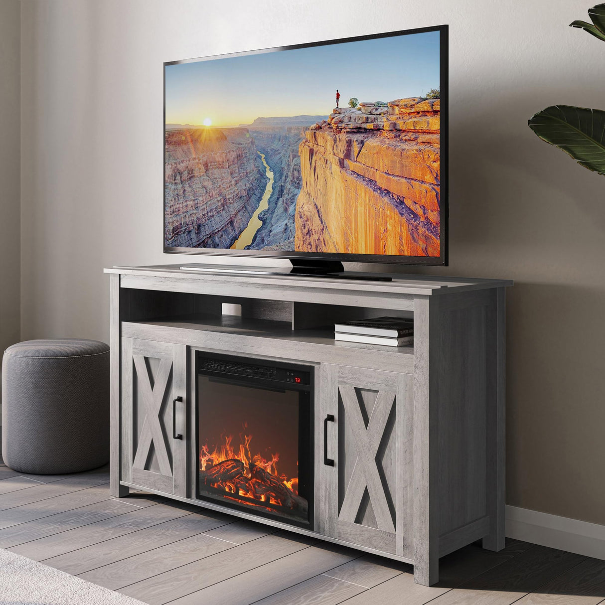 BELLEZE Modern 48" Barn Door Wood TV Stand with 18" Electric Fireplace Heater & Media Entertainment Center Console Table for TV up to 50" with Two Open Shelves and Cabinets - Corin (Grey Wash) BELLEZE