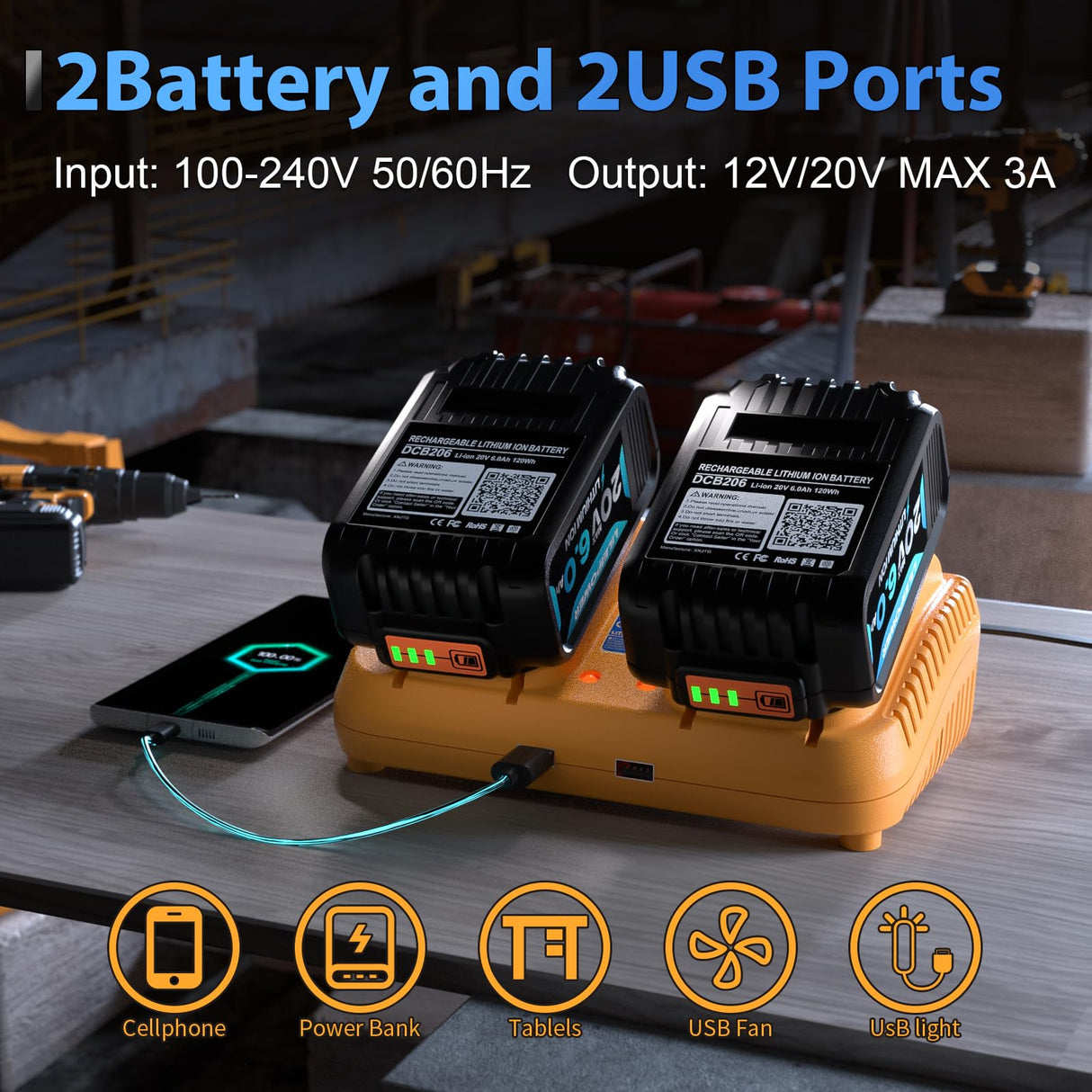 LILEIPOWER 2Pack 20V 6.0Ah Battery Replacement for Dewalt 20V Max Battery and DCB102 Charger Combo Compatible with Flexvolt 20V/60V Battery DCB206 DCD/DCF/DCG/DCS Cordless Power Tools LILEIPOWER
