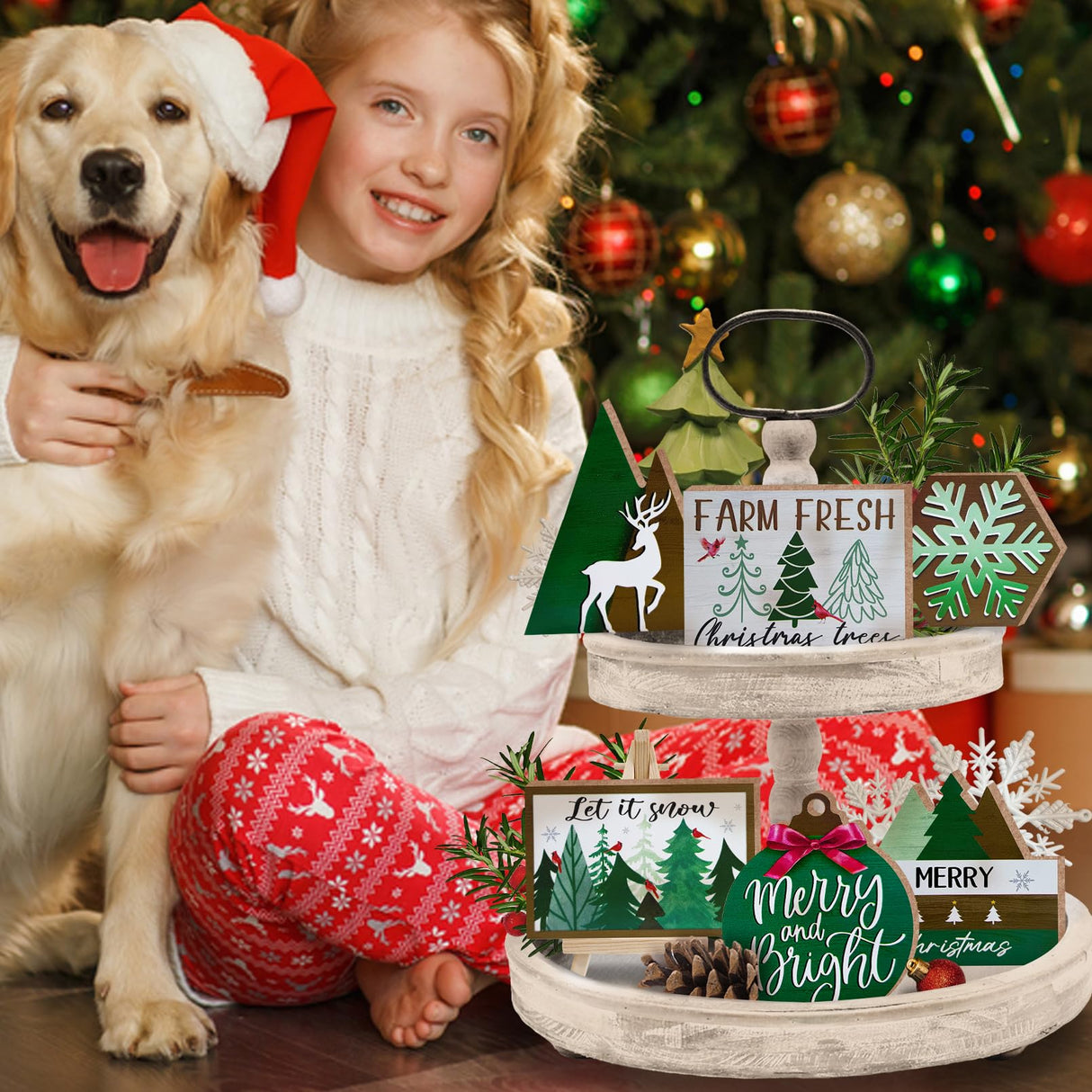 Guoofu 11 Pcs Merry Christmas Green Tiered Tray Decor, Farm Fresh Xmas Tree Balls Reindeer Snowflake Farmhouse Wood Decorations Set, Winter Holiday Rustic Wooden Decorative Signs for Home Table Shelf Guoofu